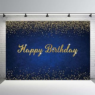MEHOFOND Blue and Gold Happy Birthday Backdrop Royal Blue Golden Glitter Dots Photography Background for Women Men Kids Birthday Party Decorations Banner Cake Table Photo Studio Props 7x5ft