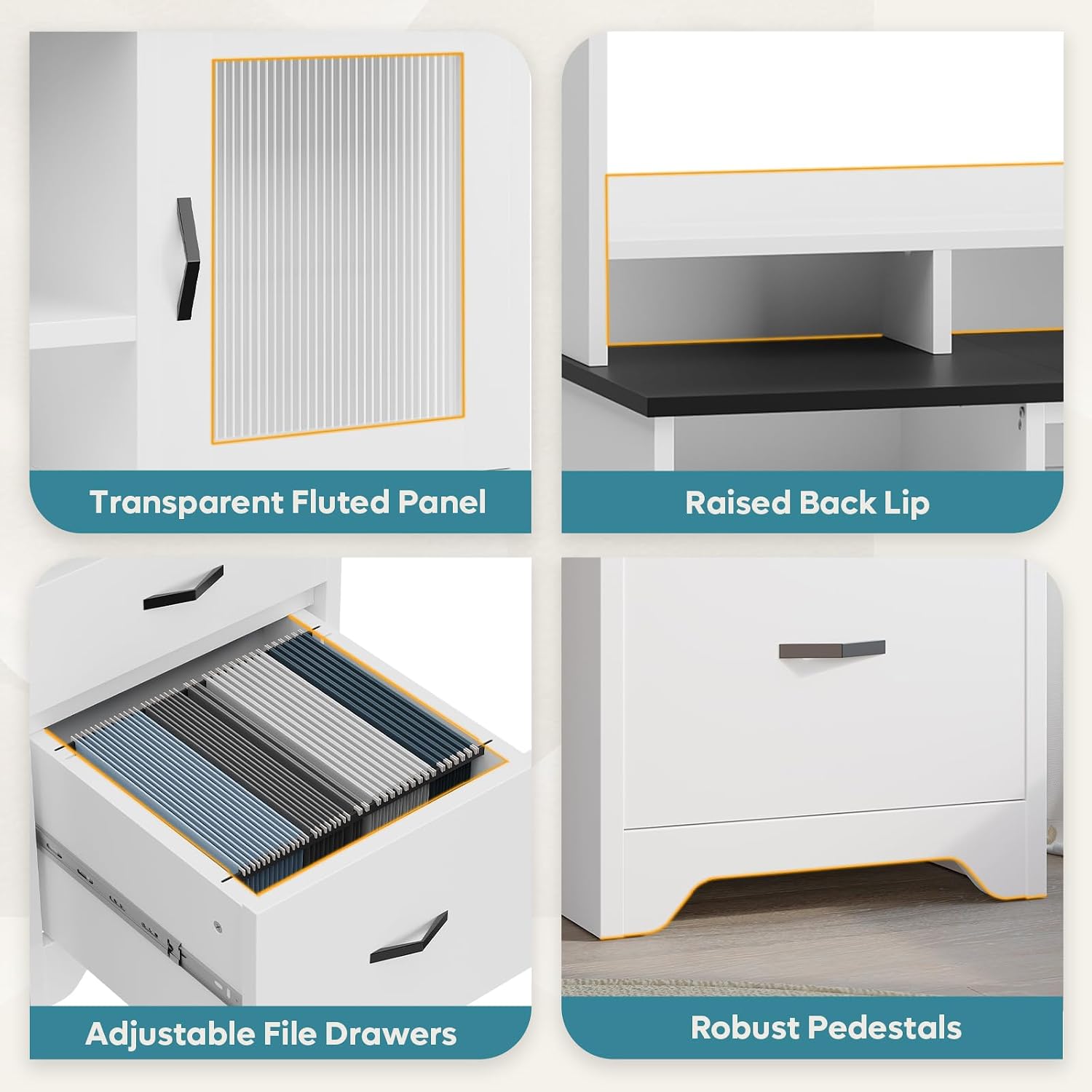 Four detailed close-up images showing the transparent fluted panel on cabinet doors, the raised back lip of the monitor stand, adjustable file drawers, and robust pedestals.