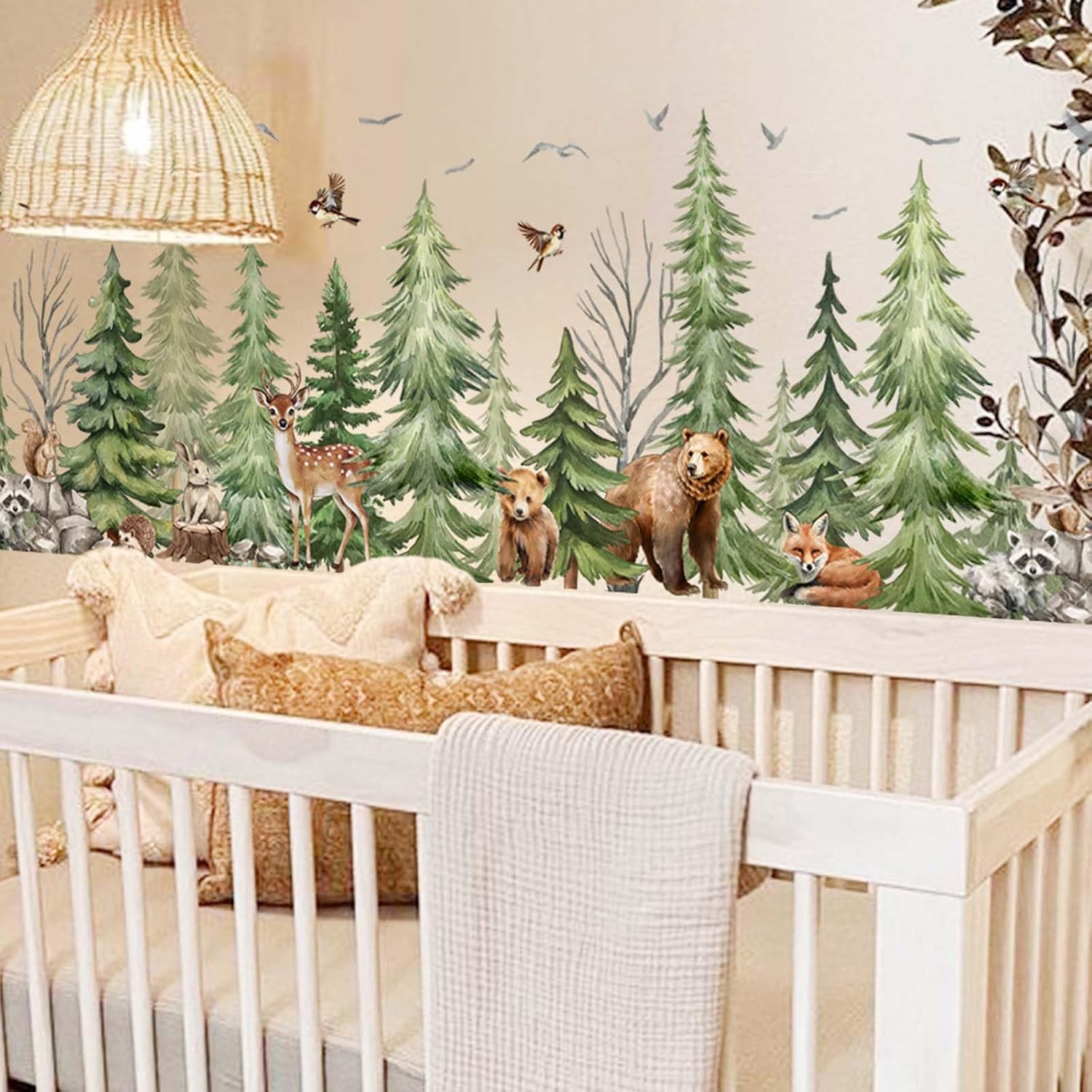 Large 45 x 9 inch Mountain Tree Wall Stickers Woodland Forest Animal Bear Deer Fox Peel and Stick Wall Art Decals for Kids Baby Nursery Bedroom Decor
