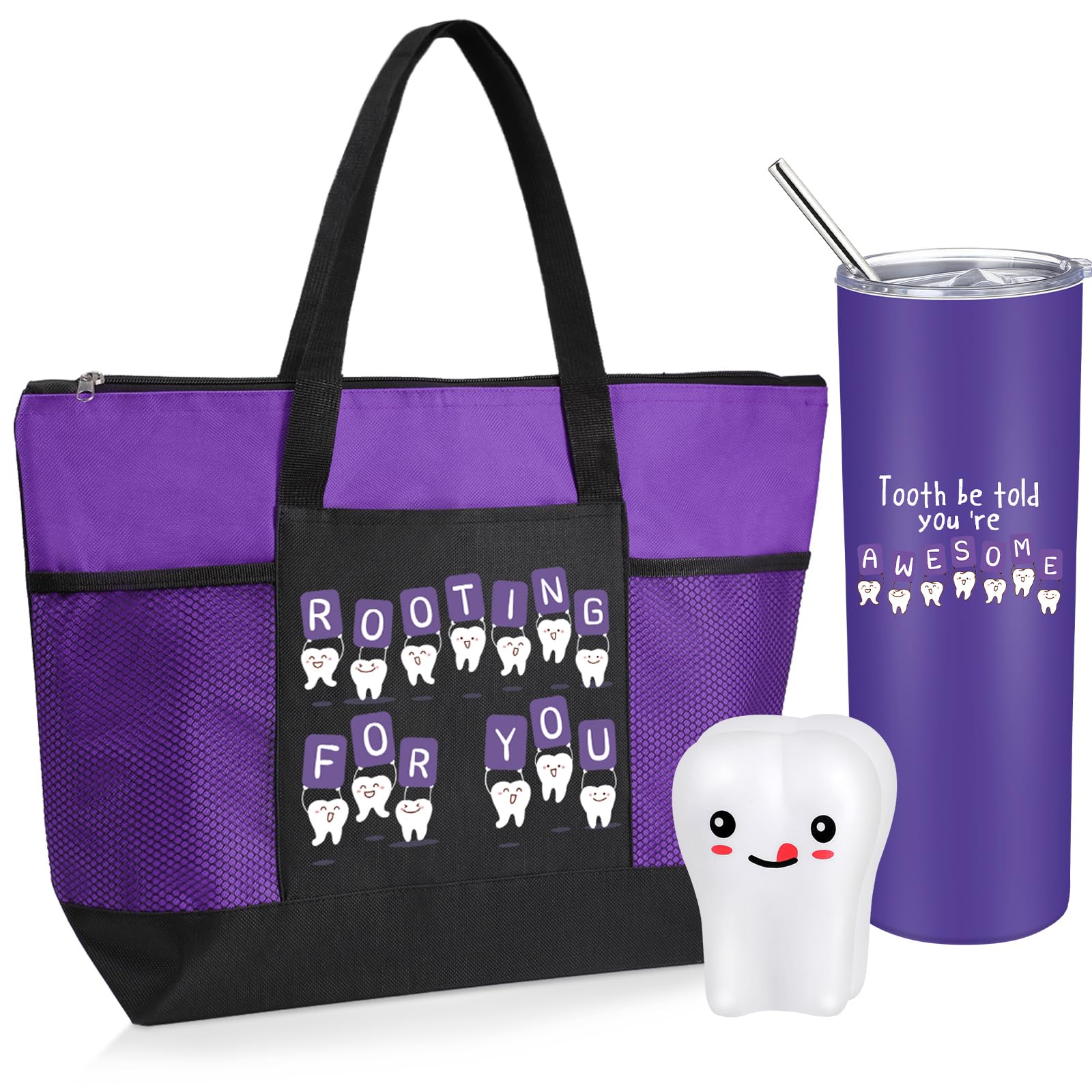 Nuogo 3 Pcs Positive Dental Hygienist Gifts Dental Assistant Gift for Women Men Inspirational 20oz Tumbler Tote Bag Tooth Stress Toy for Dentist Must