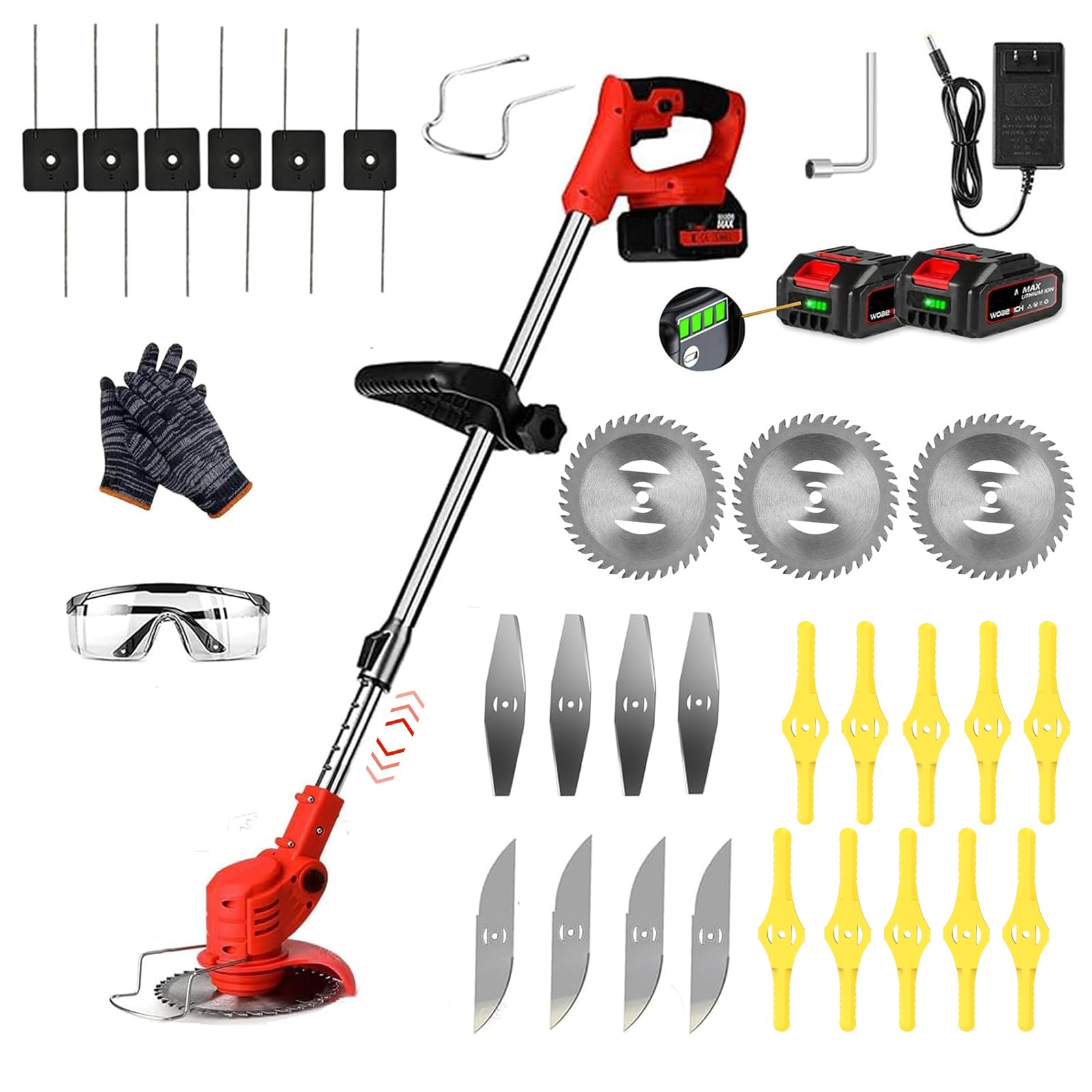 Cordless Strimmer,with Li-ion Battery and Charger Garden Strimmer,Grass Trimmer Retractable for Garden Clearing Weeds Flower Trees (Red)