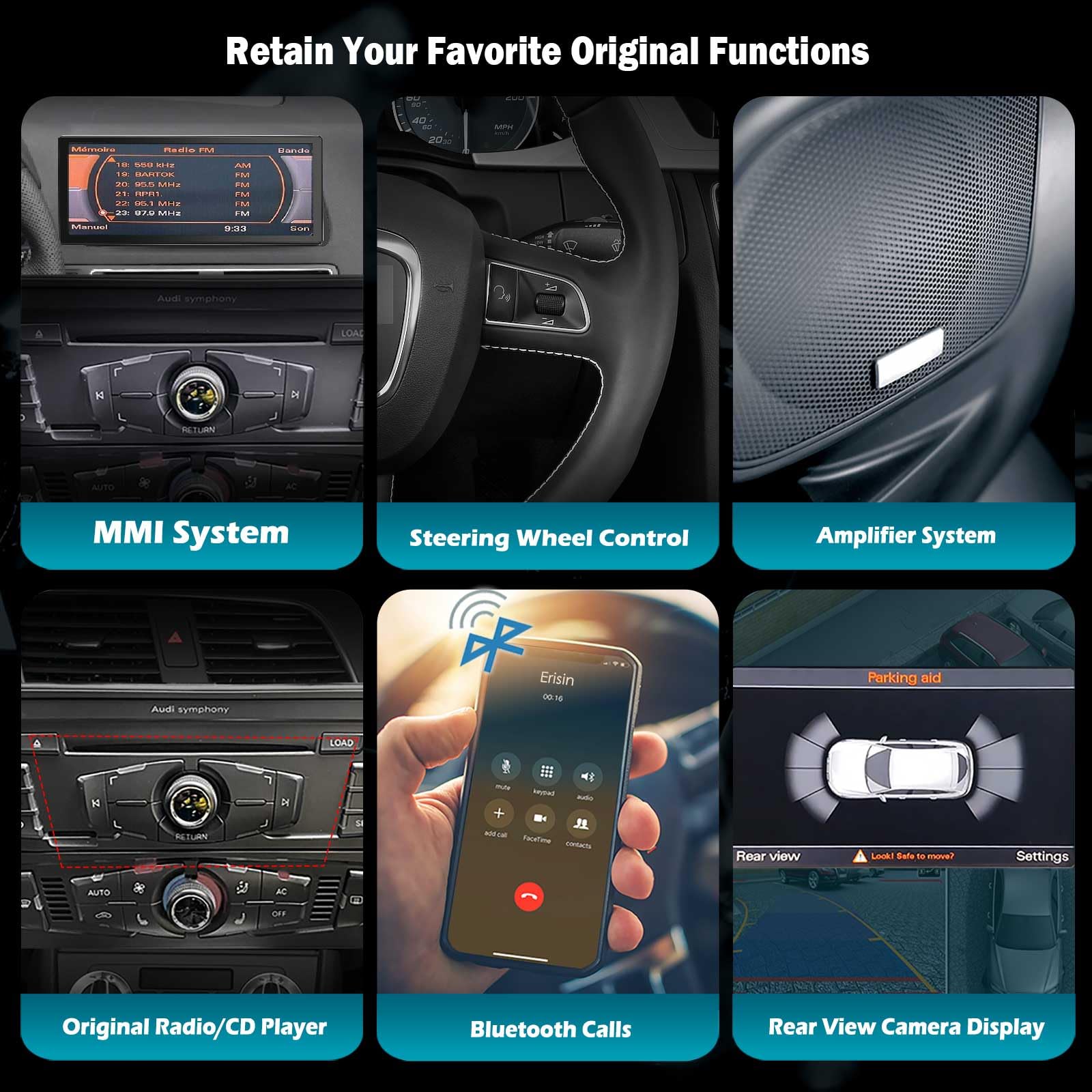 Erisin 10.25" Qualcomm 8-Core 4GB RAM+64GB ROM Android 14 Radio Coche Bluetooth para Audi Q5 (2009-2016) Alta configuración Soporte Wireless CarPlay Android Auto MMI Canbus IPS Pantalla WiFi 4G Dab+