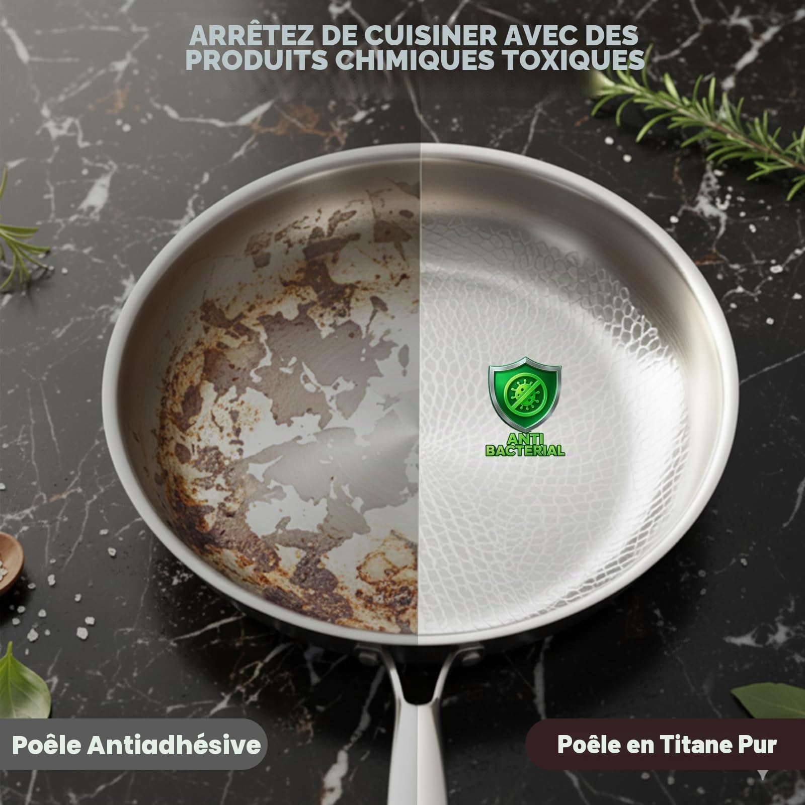 Poêle à frire en titane avec couvercle, poêle à frire en titane avec motif martelé, résistante aux rayures, anti-adhésive, pour la cuisine et le camping