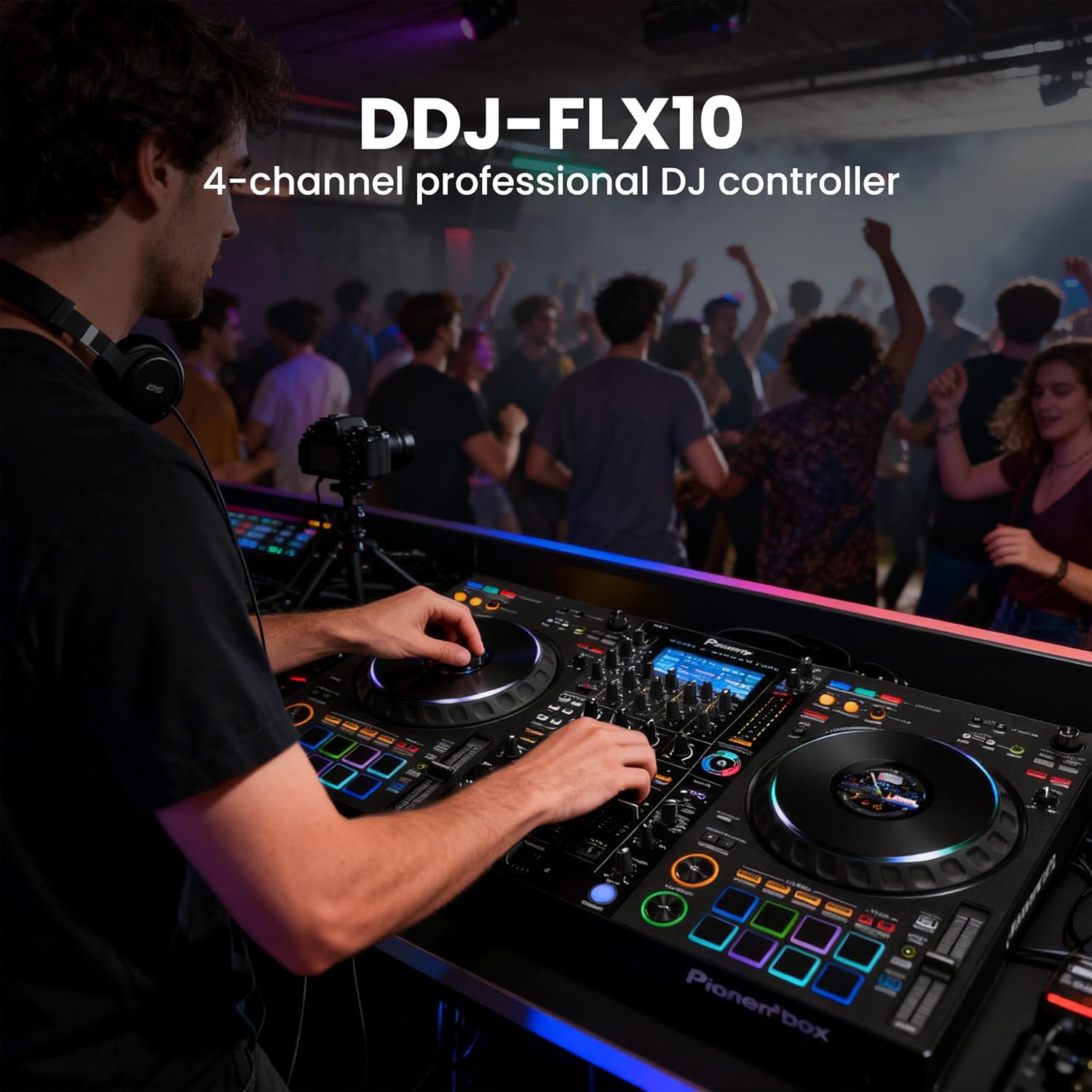 Pioneer DJ DDJ-FLX10 4-Channel Professional DJ Controller - Black Bundle with Laptop Stand, Headphones, and Austin Bazaar Polishing Cloth