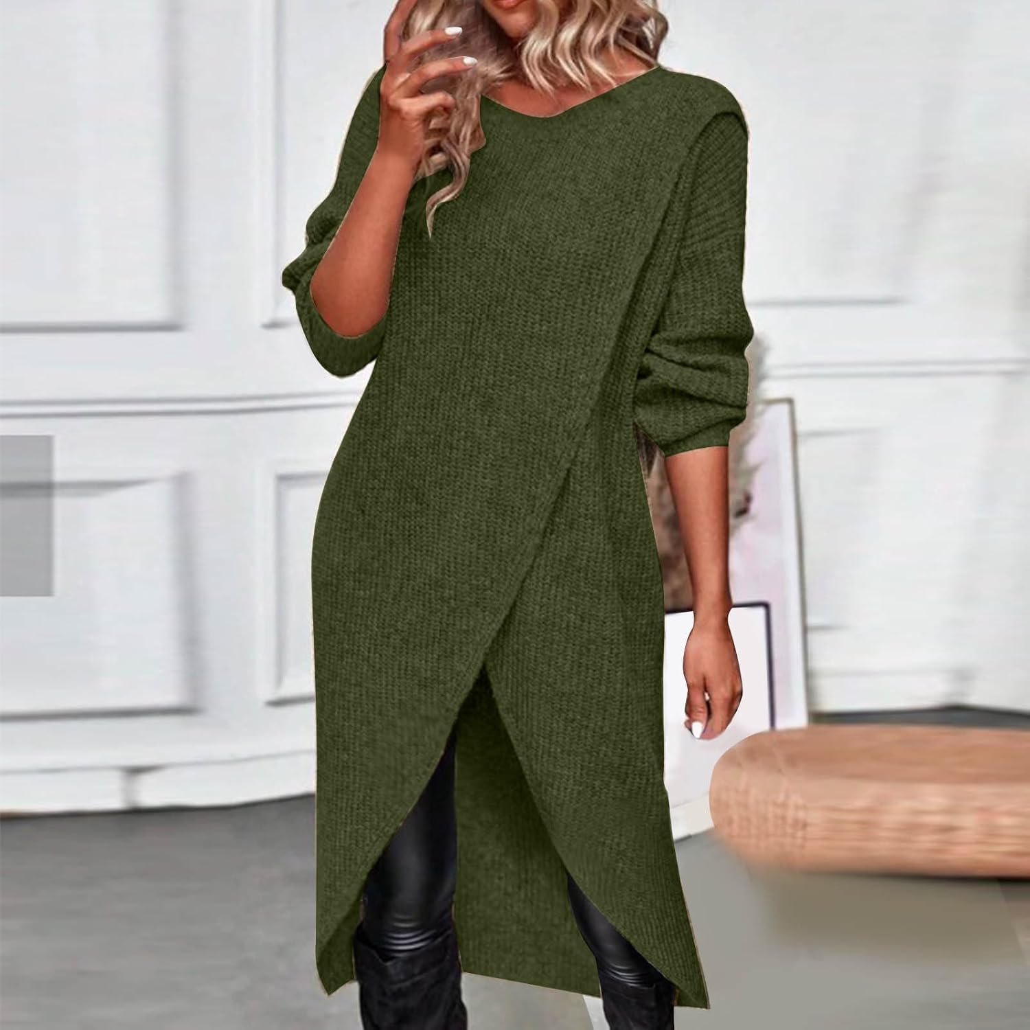 Womens Long Sweater Dress Trendy Casual Criss Cross Asymmetric Hem Front Slit Long Sleeve Crewneck Pullover Sweater