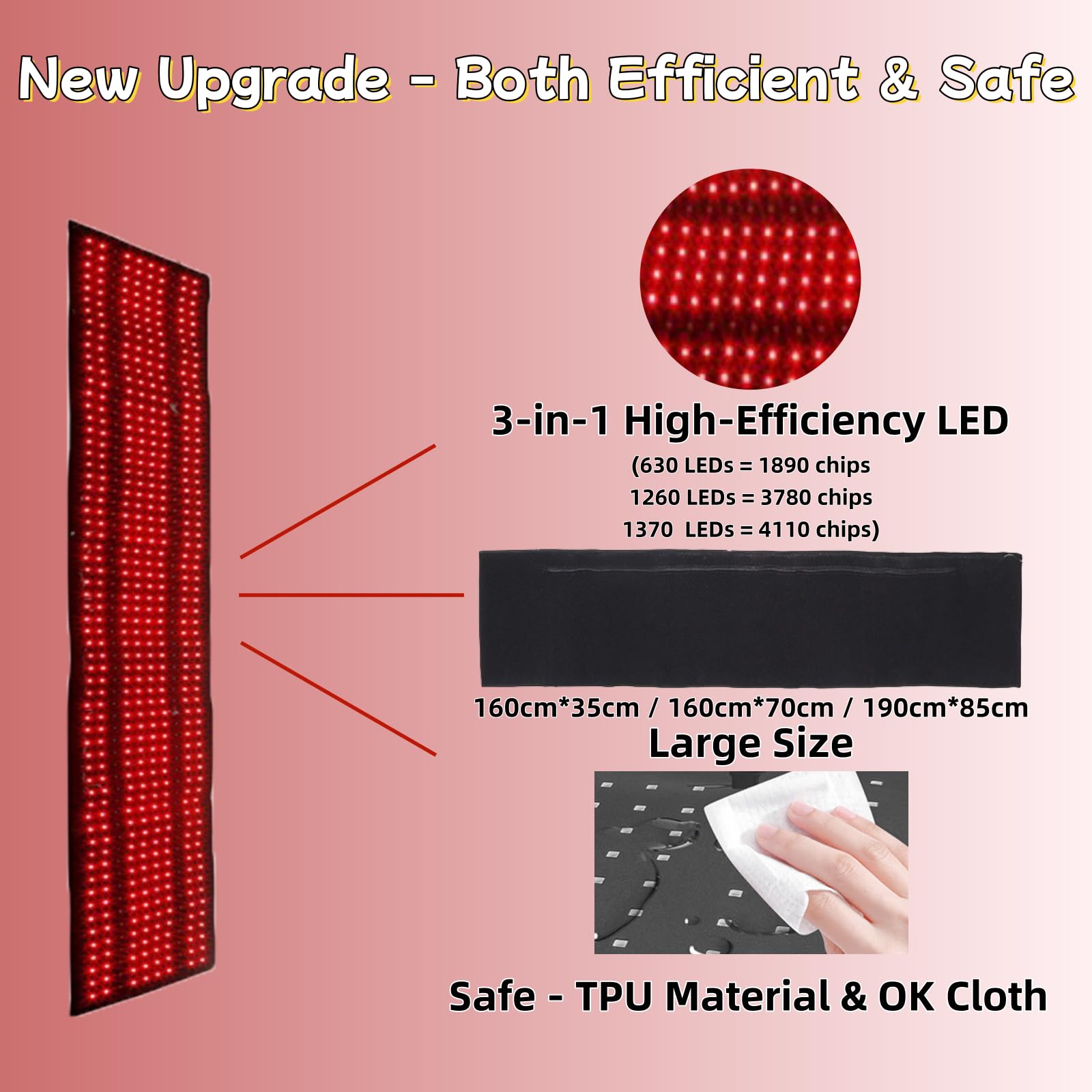 Tappetino per tutto il corpo con luce rossa e infrarossa, 1260 LED, 660 nm e 850 nm, con telecomando, 3 modalità e 5 livelli di luminosità, di grandi dimensioni (160cm*70cm)