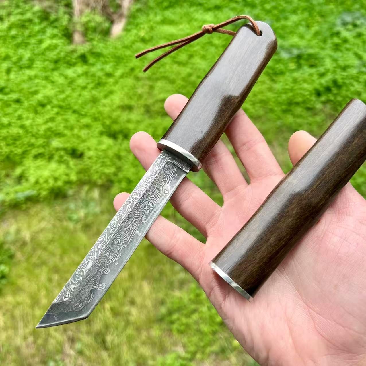 Couteau Lame Fixe Lame Tanto Acier Damas Japonais Suminagashi San Maï Camping Étui Intégral Bois Cadeau Homme Collection Artisanat Randonnée EDC Custom Extérieur Survie Forgé