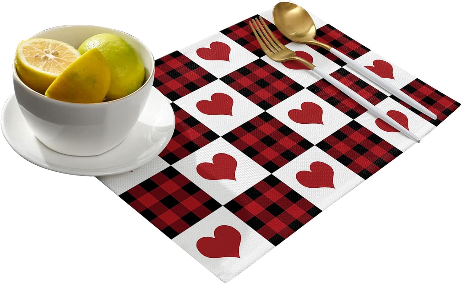 Placemats for Dining Table Set of 6, Buffalo Plaid Red Heart Heat Resistant Washable Rustic Place Table Mat Suitable for Banquet, Party, Kitchen Living Room Table Decoration