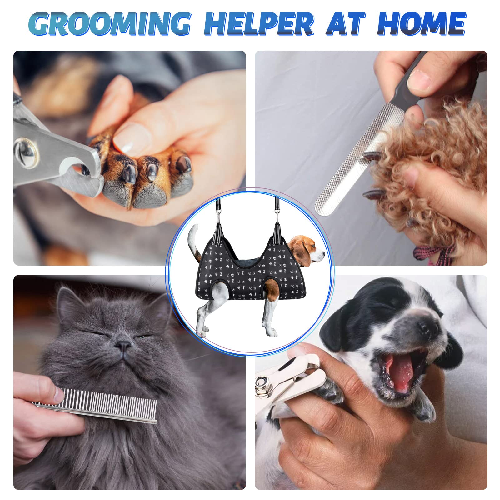 ATESON Arnés de hamaca de aseo para perros para cortar uñas (M 40 libras), correa de perro para cortar uñas, soporte colgante de perro para cortar uñas con cortaúñas, lima de uñas, peine para mascotas