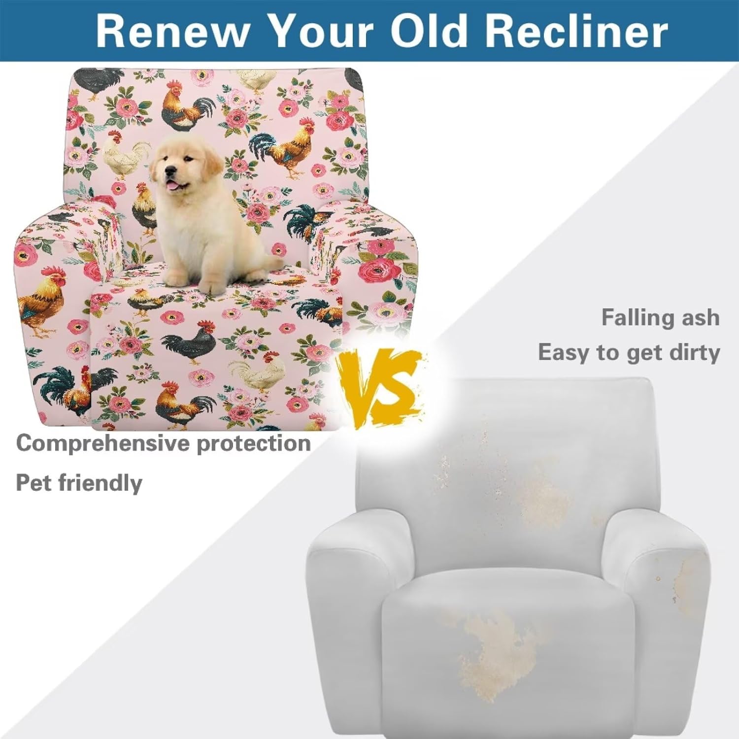Wanyint Rooster Chicken Floral Pink Oversized Recliner Cover Stay in Place Lazy Boy Recliner Chair Cover 4 Pieces Washable Reclining Seat Cover for Home Living Room Decoration