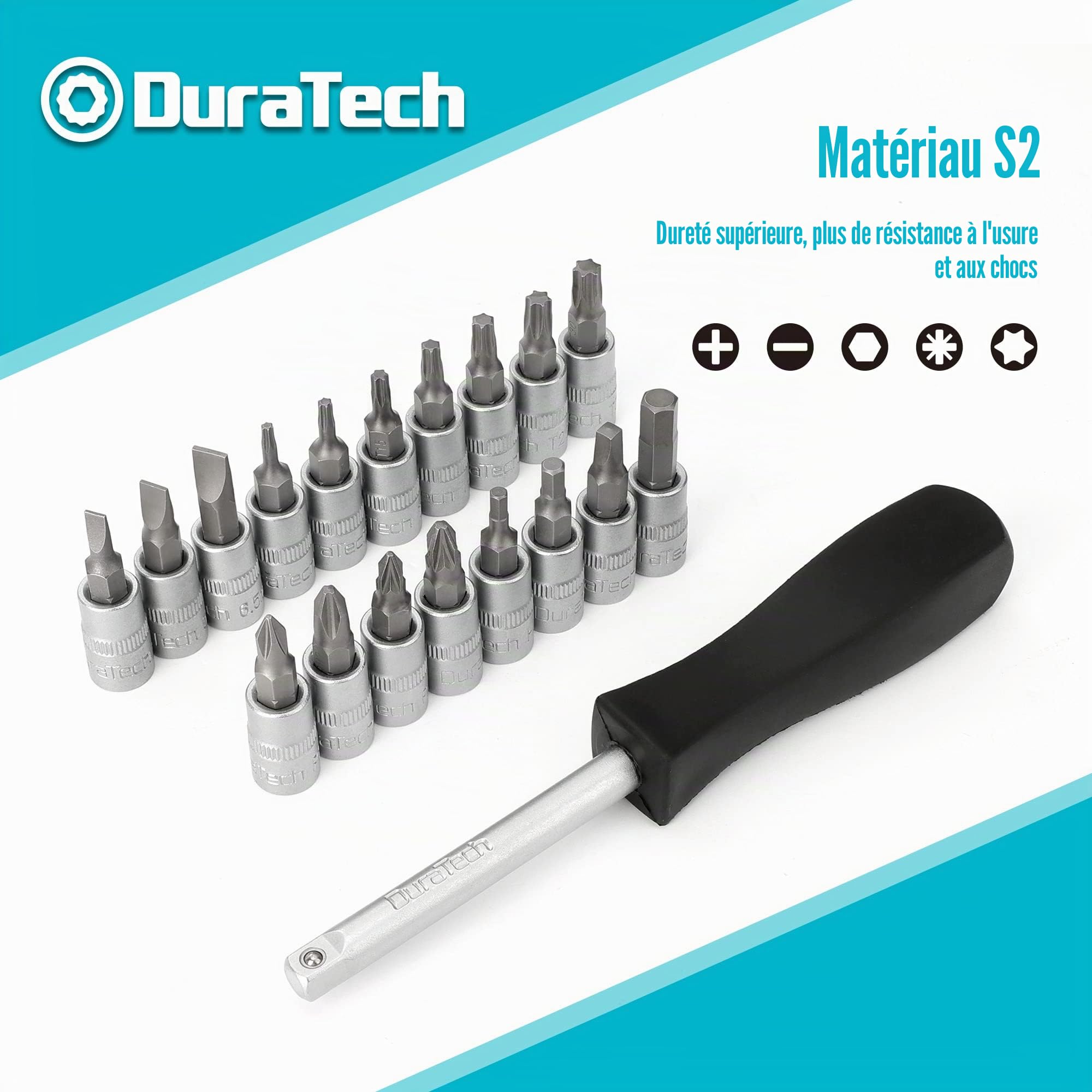 DURATECH Coffret de Douilles Embouts et Clés à Cliquet 108 pièces | Cliquet Réversible 1/2" et 1/4", Rallonges, Embouts, Douilles, Acier au Chrome-vanadium, pour Réparation Voiture