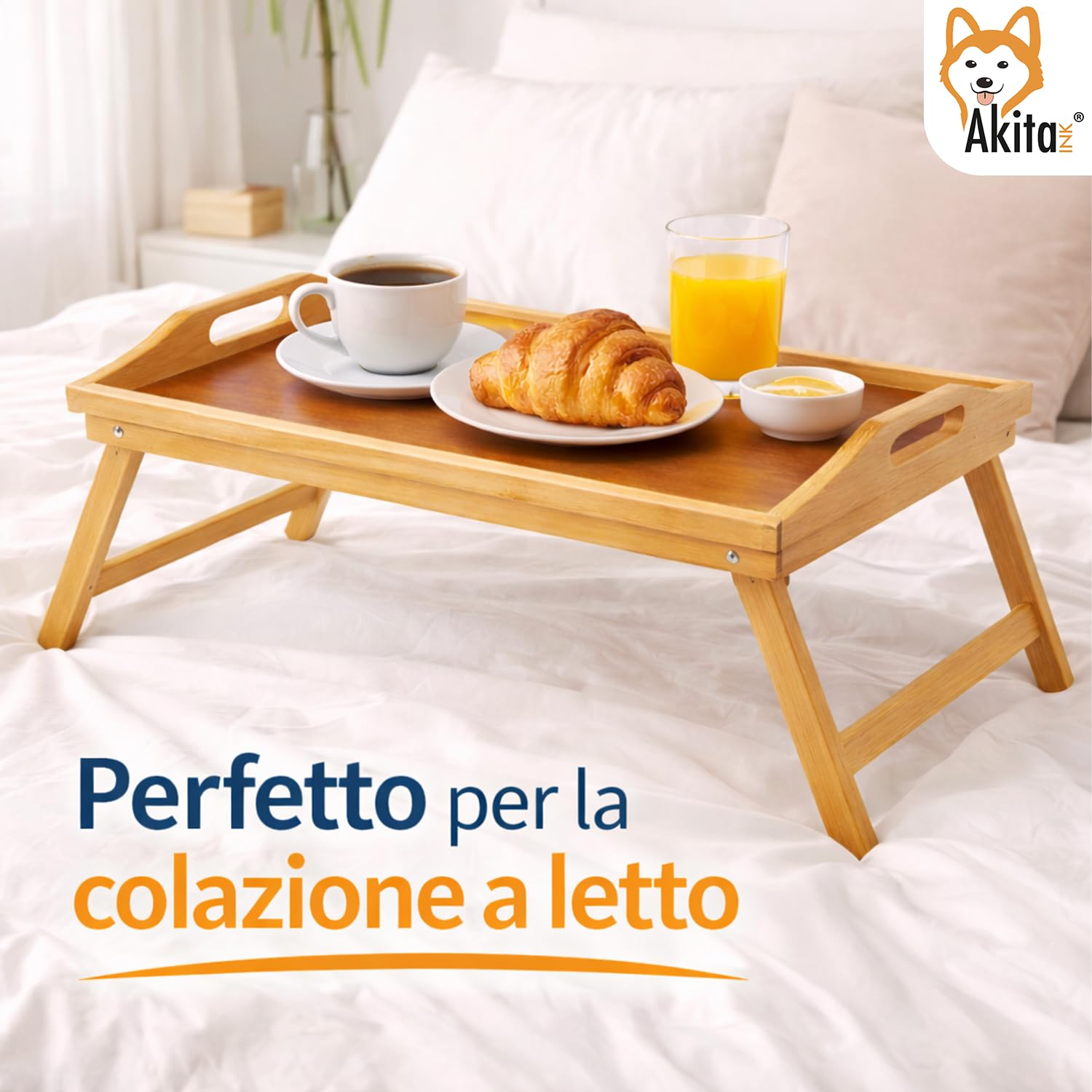 Vassoio Tavolino da Letto Pieghevole in Bamboo 50x30 cm - Tavolino per Colazione con Maniglie, Gambe Richiudibili, Ideale per Letto, Divano e Pc