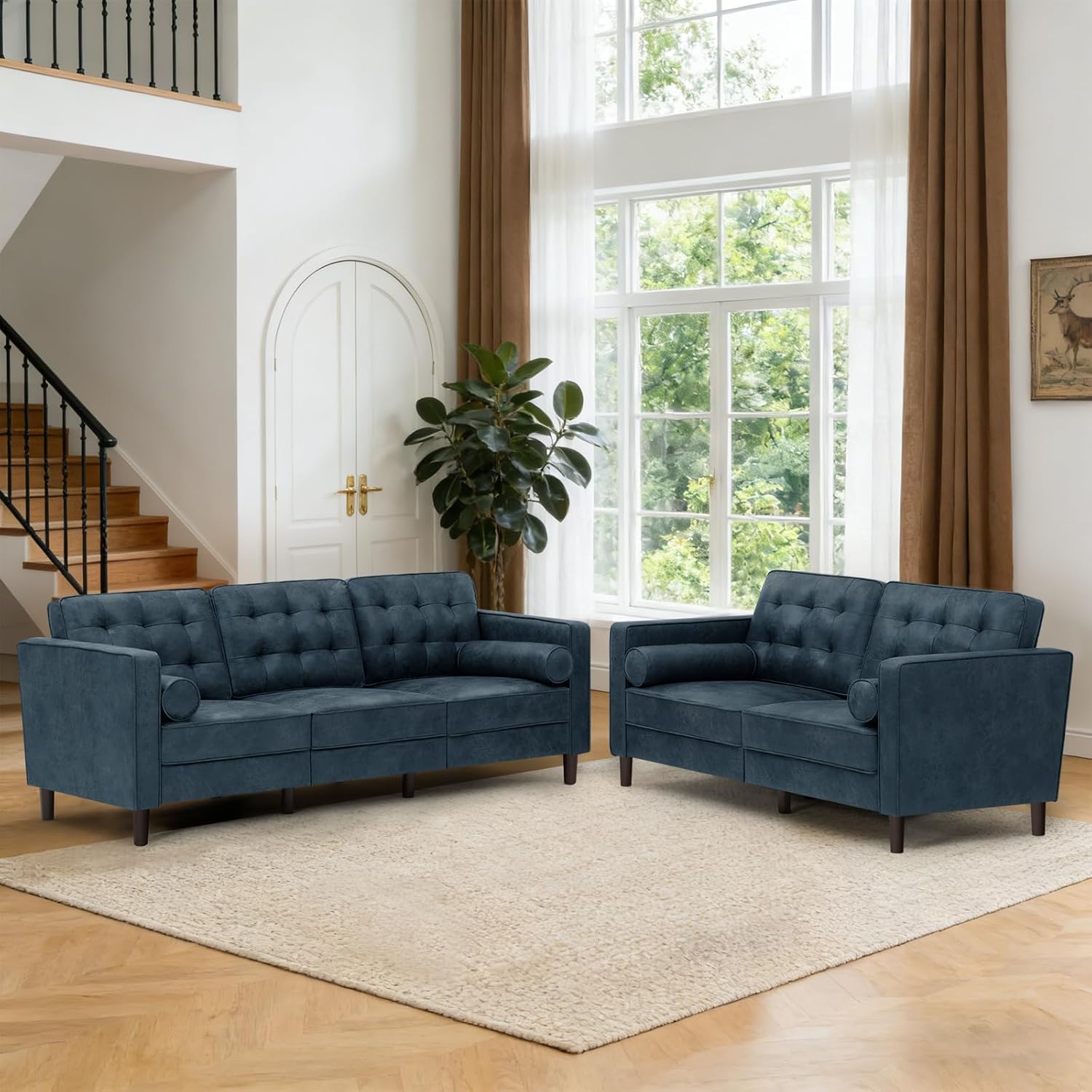 Suede Leather Upholstered Sofa Set with Tufted Backrests, 3 Seaters Couch and Loveseat Sofa with Bolster Pillows, 2 Pieces Living Room Set for Living Room, House, Blue