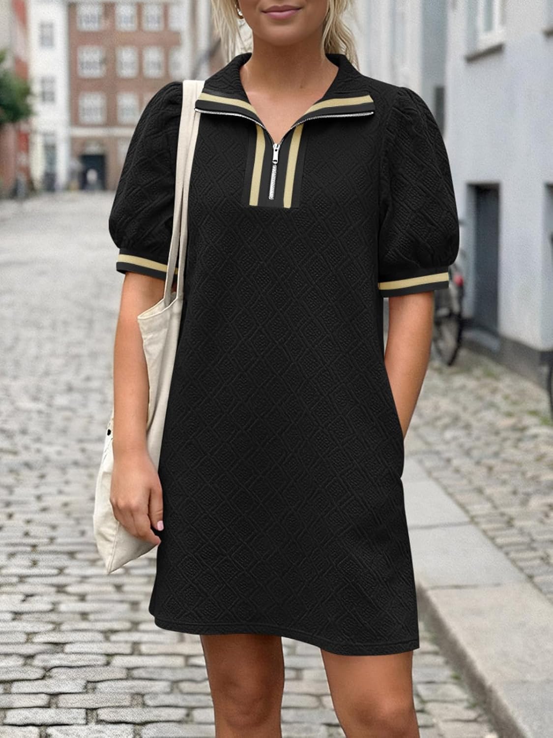 Fisoew Womens Summer Puff Short Sleeve Mini Dress Quarter Zip V Neck Casual Textured Loose Fit Active Sweatshirt Dresses - Image 2