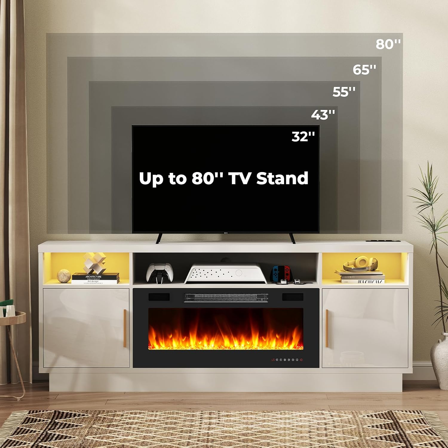 70" Fireplace TV Stand for TVs Up to 80" with 36" Electric Fireplace Heater LED Light Media Console Storage Cabinet, White Entertainment Center for Living Room