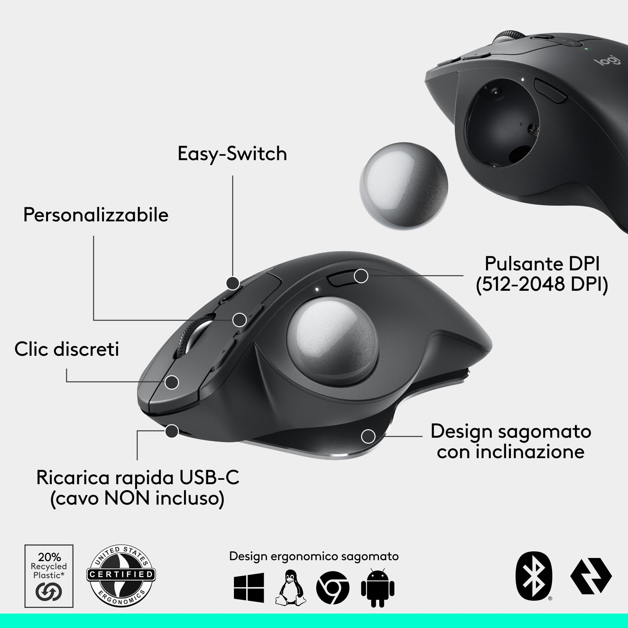 Logitech MX Ergo S mouse trackball wireless avanzato, mouse ergonomico wireless ricaricabile USB-C con Bluetooth e dongle crittografato, 6 pulsanti programmabili, per PC/Mac - Grafite