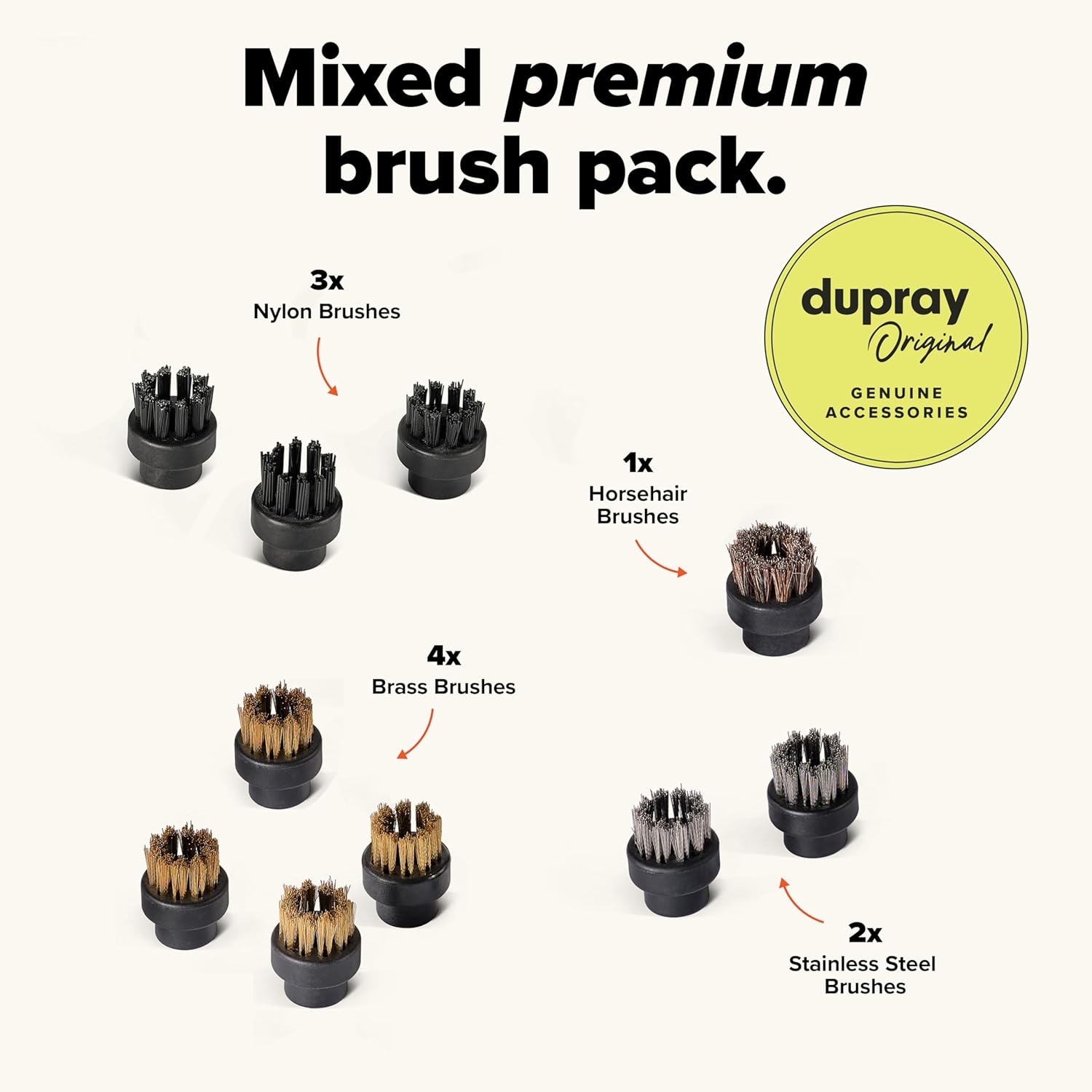 Dupray Small Brushes – Brass, Horsehair, Nylon & Stainless Steel Accessory Parts for Steam Cleaner – Brush Head for Cleaning Grout, Tile, Oven, Car, BBQ, Kitchen and Bathroom (10) (Assorted Brushes)