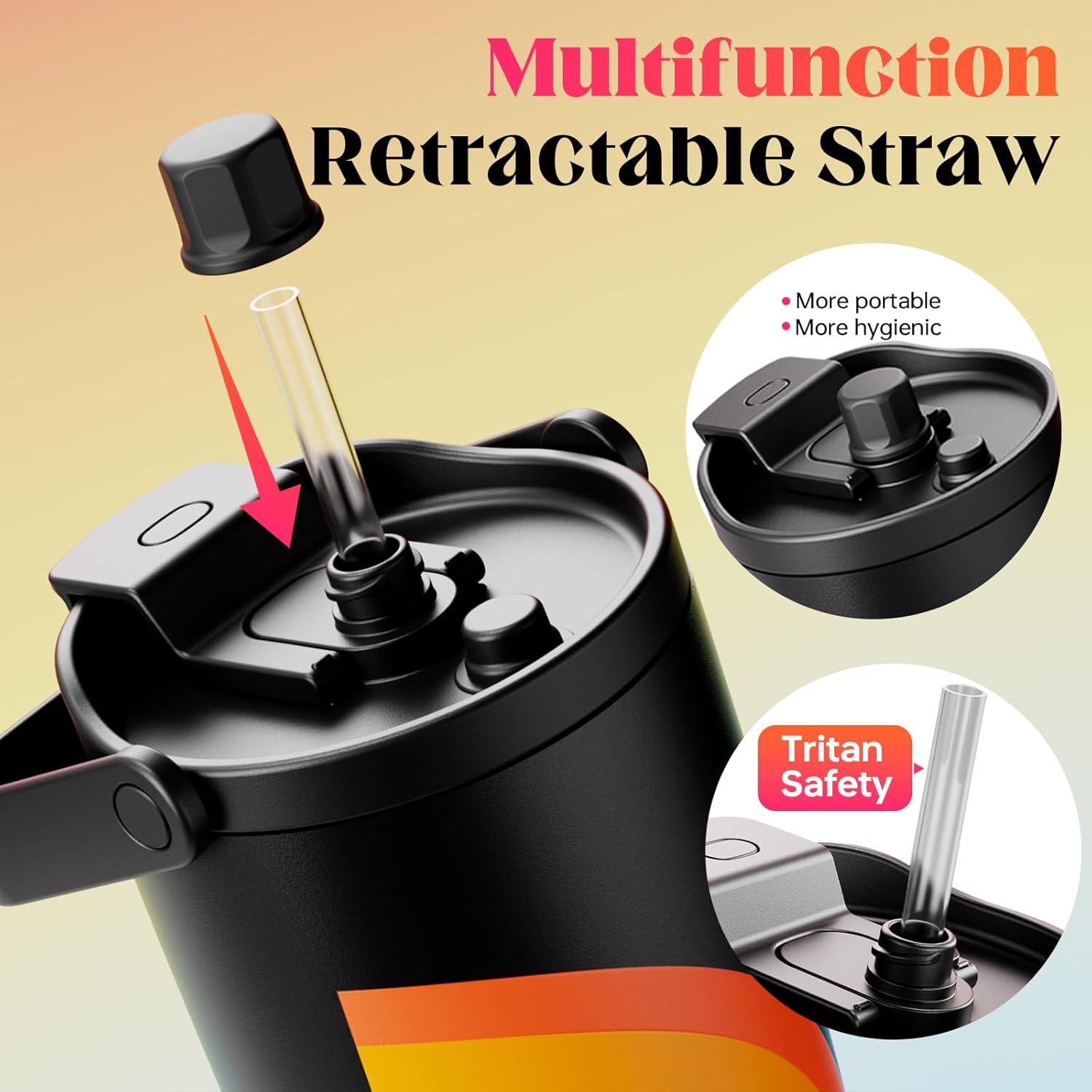 FOHGEE 40oz Vacuum Insulated Stainless Steel Tumbler with Straw & Carry Loop – Leak-Proof Travel Coffee Cup, BPA-Free, Non-Slip, Dishwasher Safe, Matte Black - Image 3