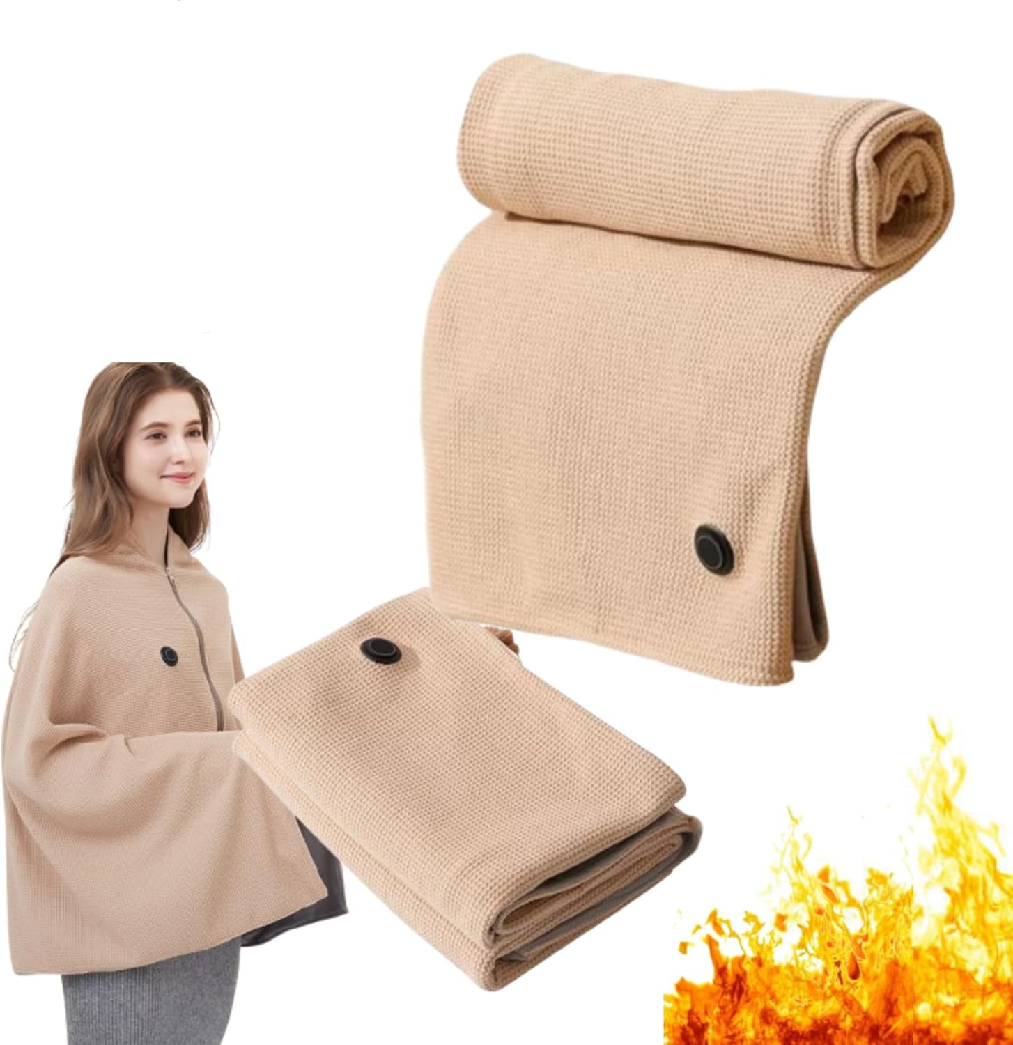 Portable Heated Shawl, Heated Shawl Wraps for Women, Soft Zipper Electric Heated Blanket Shawl, Three Temperature Settings Heated Shawl, Fast Heating Portable Heated Shawl, Indoor Outdoor (Khaki)