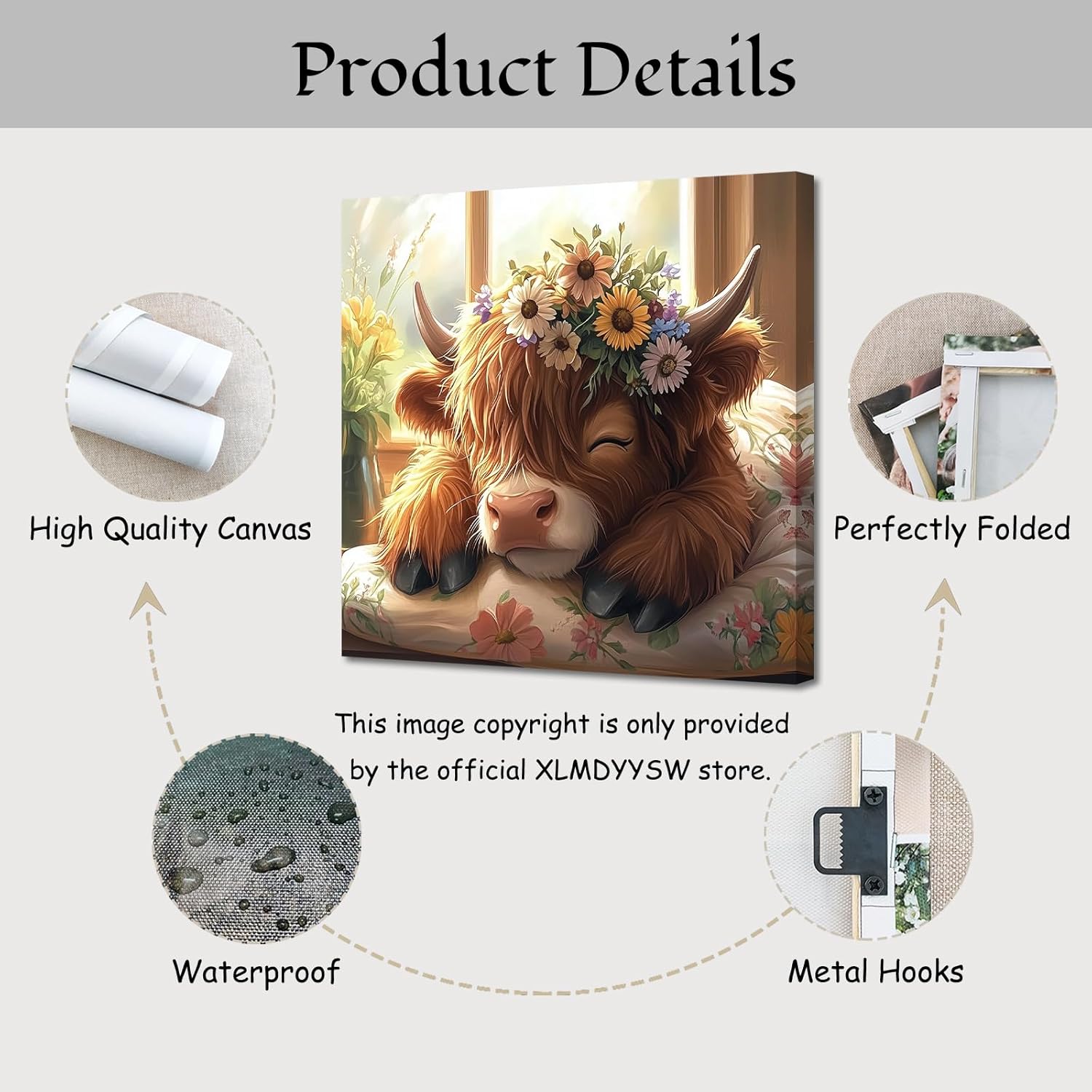 XLMDYYSW Highland Cow Baby Canvas Wall Art Rustic Farmhouse Daisy Paintings Cute Baby Calf Picture Retro Cow with Flowers Print for Kids Room Kitchen Framed (Brown, 12.00" x 12.00")