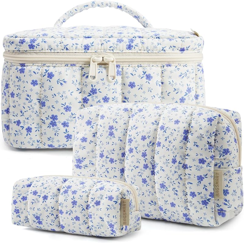 BAGSMART Conjunto de Necessaires de Maquiagem Estampadas com Flores Azuis, 3 Unidades