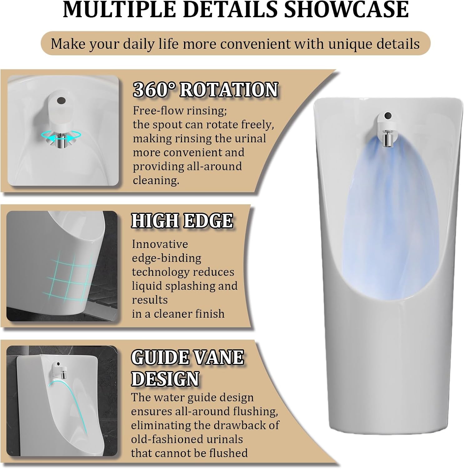 Modern Wall-Mounted Ceramic Urinal With 360° Flushing Faucet,Commercial Induction Adult Urinals,2-in-1 Space Saving Design,for Bathrooms Hotels Shopping