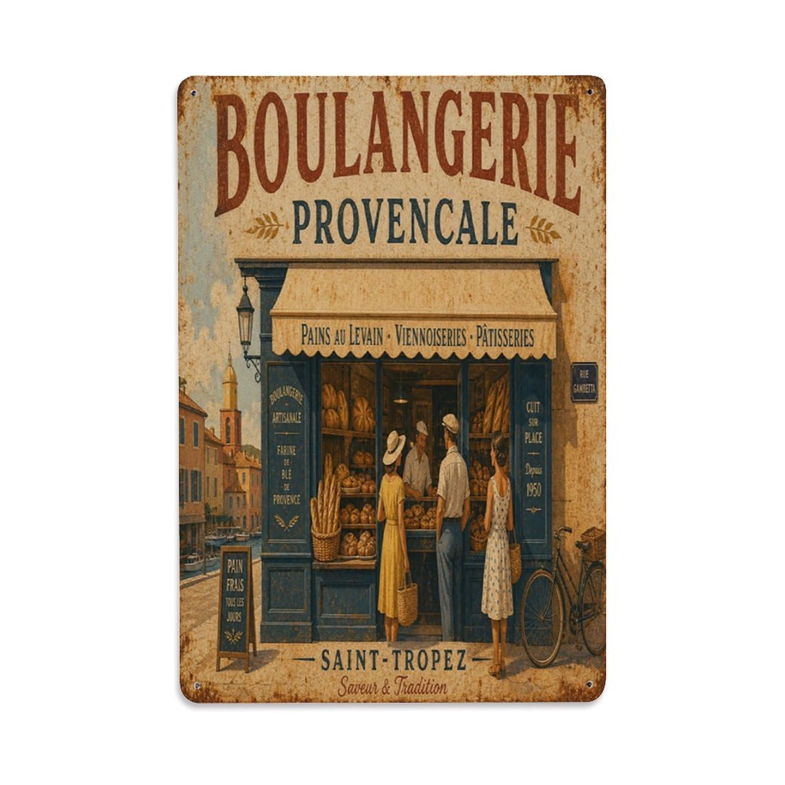 Historic Provence Village French Travel Heritage Metal Tin Sign Plaque Wall Decor for Cafe, Man Cave, Club Bar, Office, Home Garden Round Metal Poster 8x12Inch