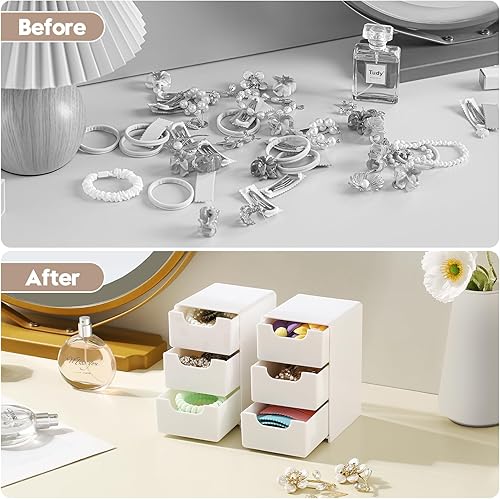 Miniatura 5 de Mini organizador de acrílico blanco con 3 cajones para accesorios para el cabello, joyas y maquillaje, pequeña caja de almacenamiento para clips,