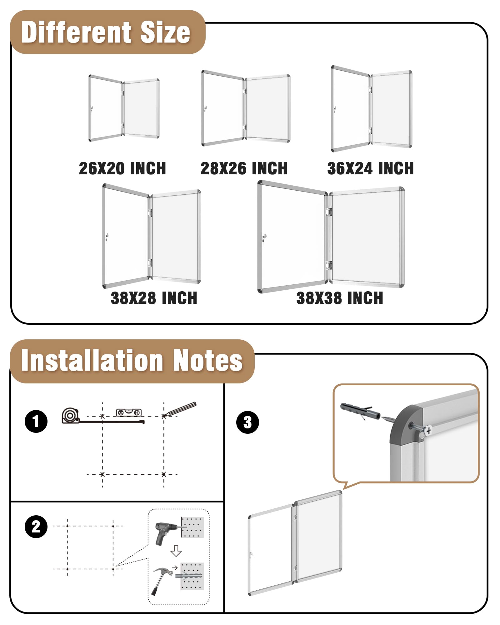 Mifuro Tablón de anuncios cerrado de 38 x 38 pulgadas, tablero de anuncios de aluminio resistente a la intemperie con cerradura para la escuela y la oficina, marco plateado con pizarra blanca