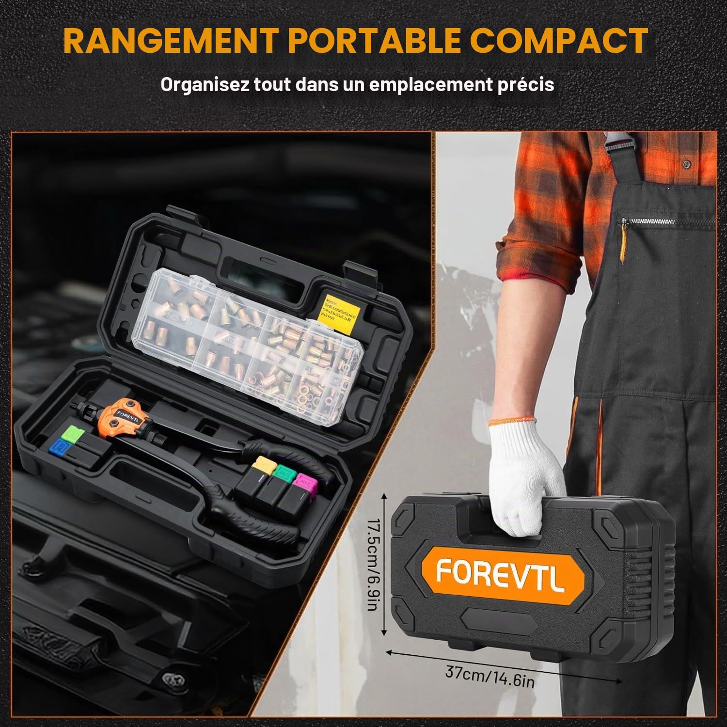 Pince a Insert Fileté, Assortiment de 98 écrous à Rivets Dans une Boîte Solide, Pince a Insert avec 5 Mandrins M5 M6 M8 M10 M12, Pince a Sertir Ecrou avec étui de Transport