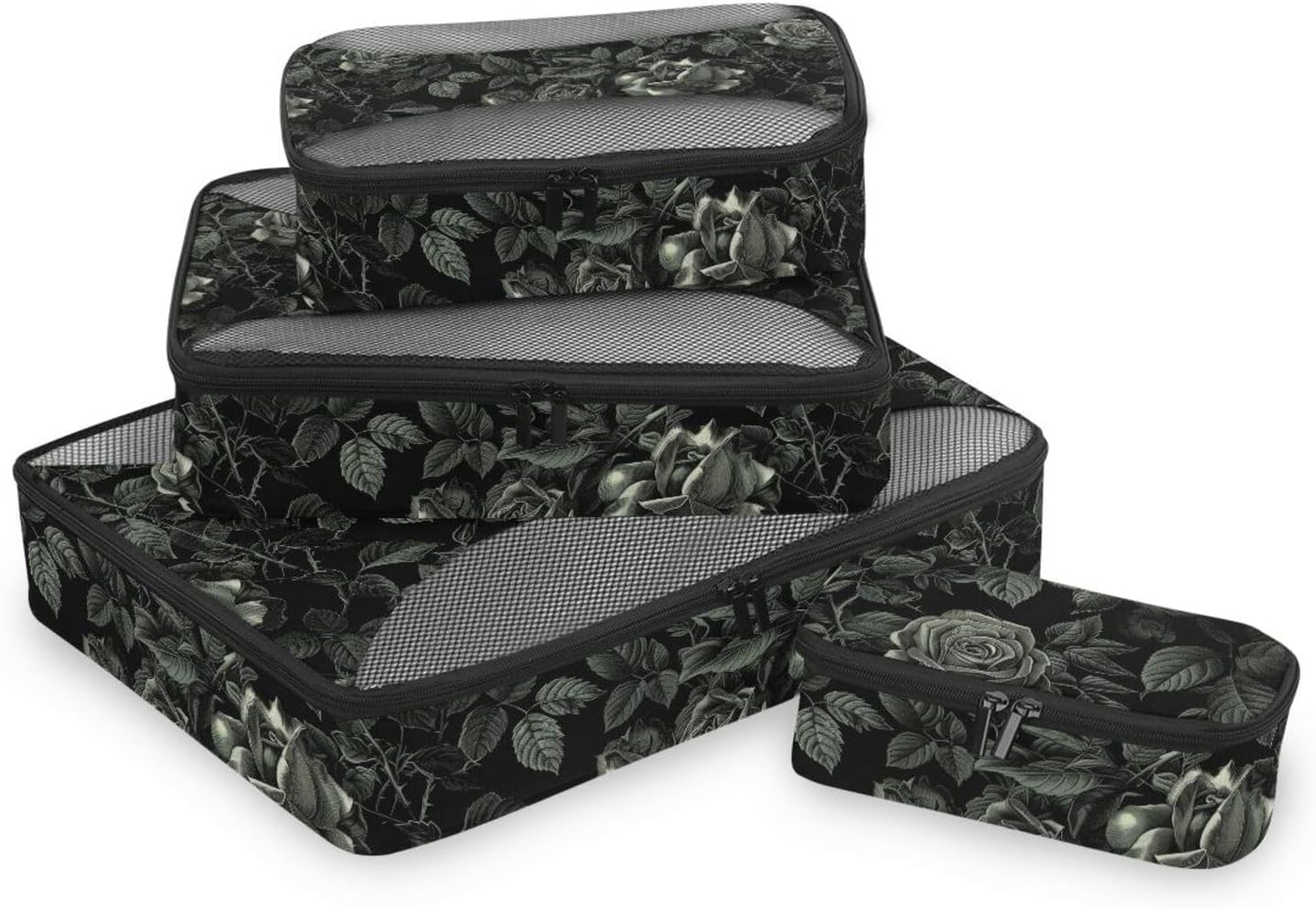 Black Rose Digitally Engraved 4 Pcs set bag organizer insert Mesh Travel Essentials expandable packing cubes for suitcases