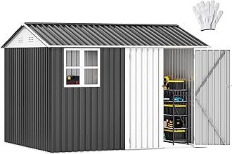DWVO 10' x 8' Outdoor Storage Shed, Waterproof Metal Garden Shed with Windows, Lockable Doors, and Sloped Roof for Patio, Backyard, Lawn, Tool Storage, Bike Shed, Pet Shelter (Gray + White)