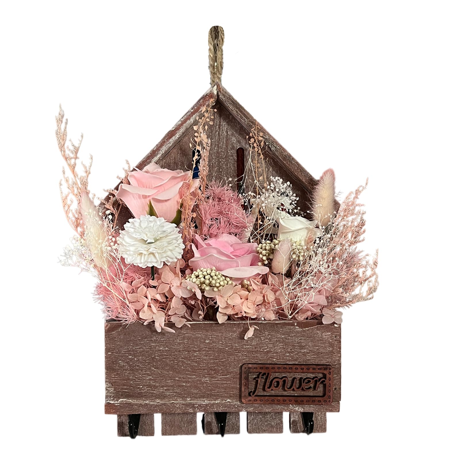 Porte-clés mural avec fleurs artificielles roses pour l'organisation de la maison