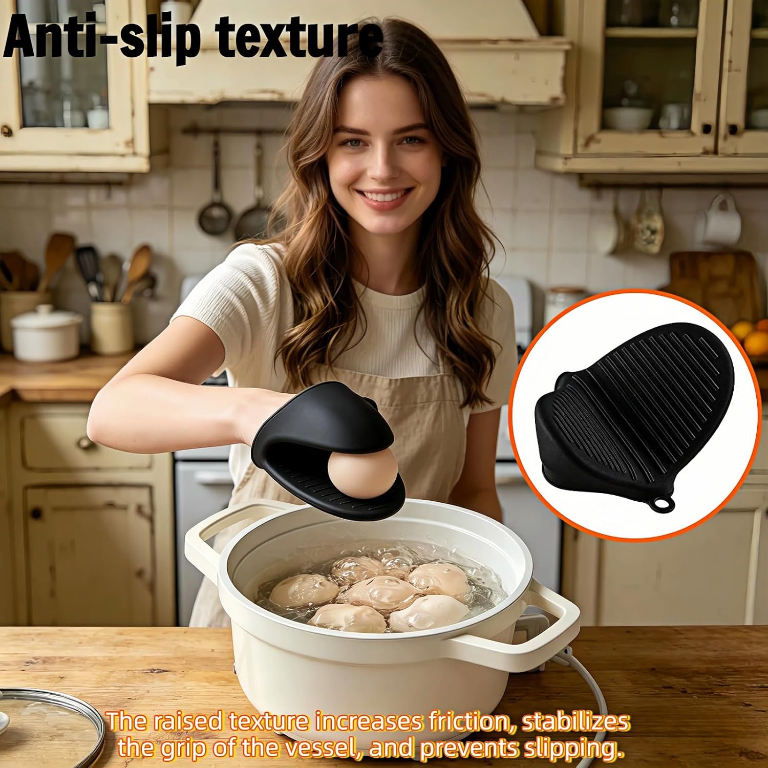 Mini Silicone Oven Mitts 2 Pair - Heat Resistant 446°F Non-Slip Pinch Gloves, Food Grade Finger Protectors for Cooking Baking BBQ, Small Potholders for Kitchen Air Fryer Grilling, Black & Orange