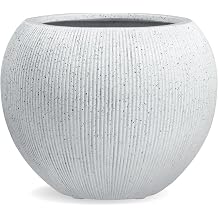 KUTE NEST 9.7" H x 12" D Premium Ribbed Globo Fiberstone Round Planter for Outdoor & Indoor Plants, Ideal for Snake Plants & House Plants, Included 2 Extra Coco Mats Speckled White, 7.8" Pot Opening