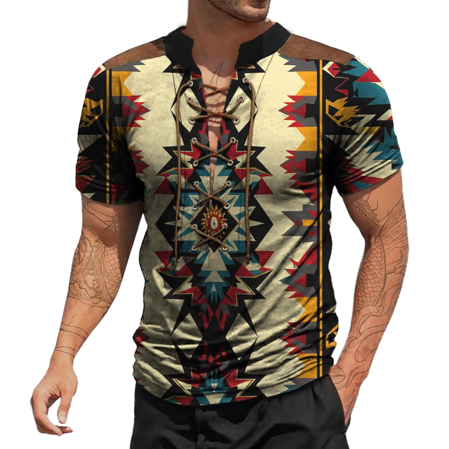 MARSVOVO Mens Fashion Shirts Short Sleeve Lightweight Summer Beach Outdoor Slimming Fit Drawstring Neckline V Neck Tops