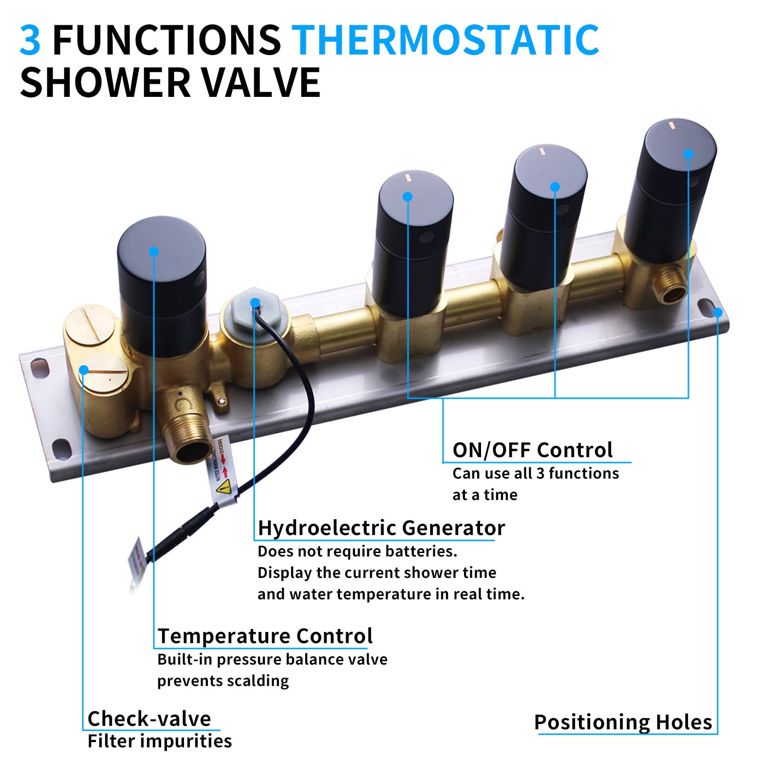 HONGTONGSOWER Triple Function Shower Diverter Valve Digital Display Shower Mixer Valve Kit Replacement Temperature Control Valve (Matte Black)