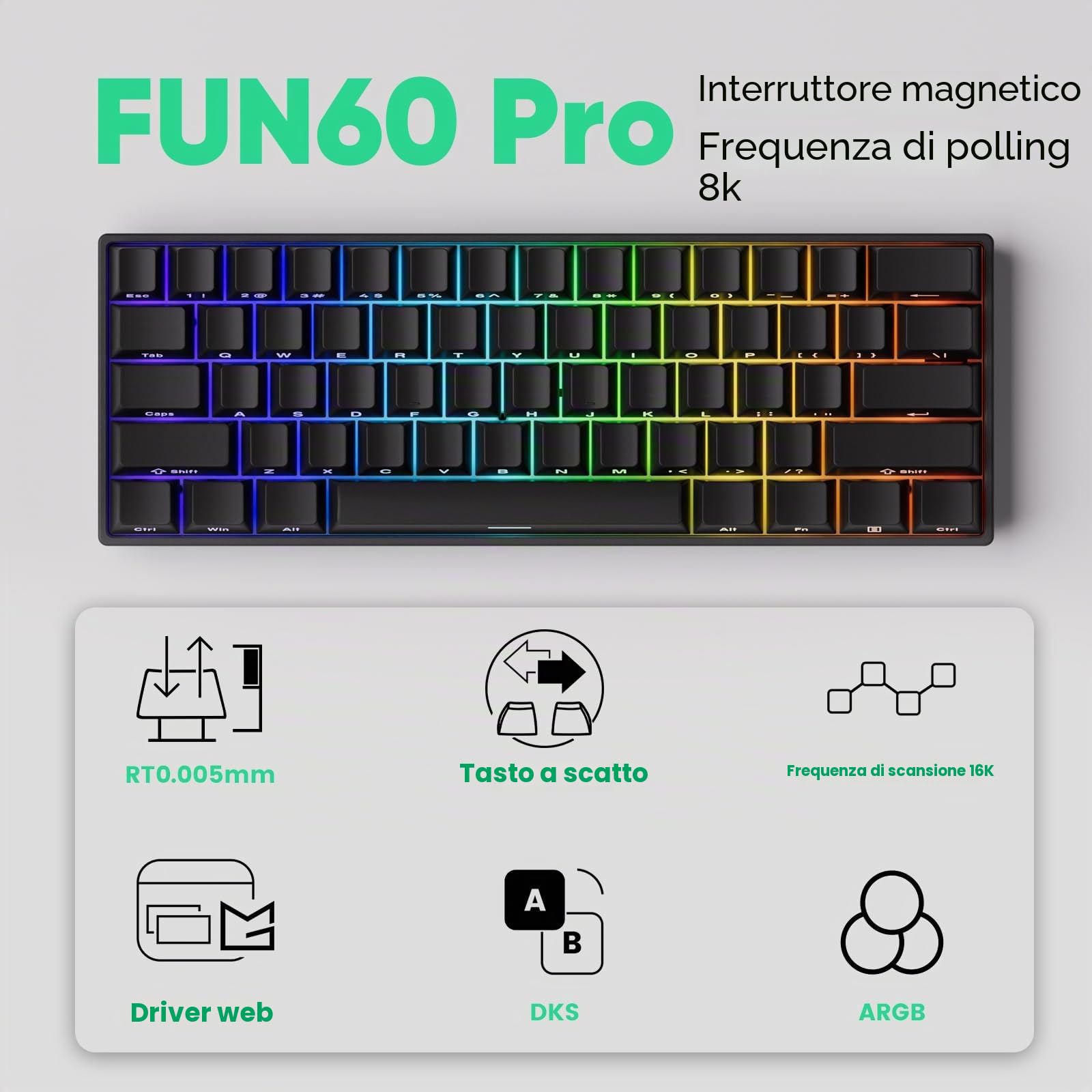 MONSGEEK FUN60 Pro Tastiera da gioco a grilletto rapido, velocità di scansione 16K, interruttore magnetico SP, tastiera HE, tastiera cablata, 60% nero lucido (interruttore magnetico antiriflesso)