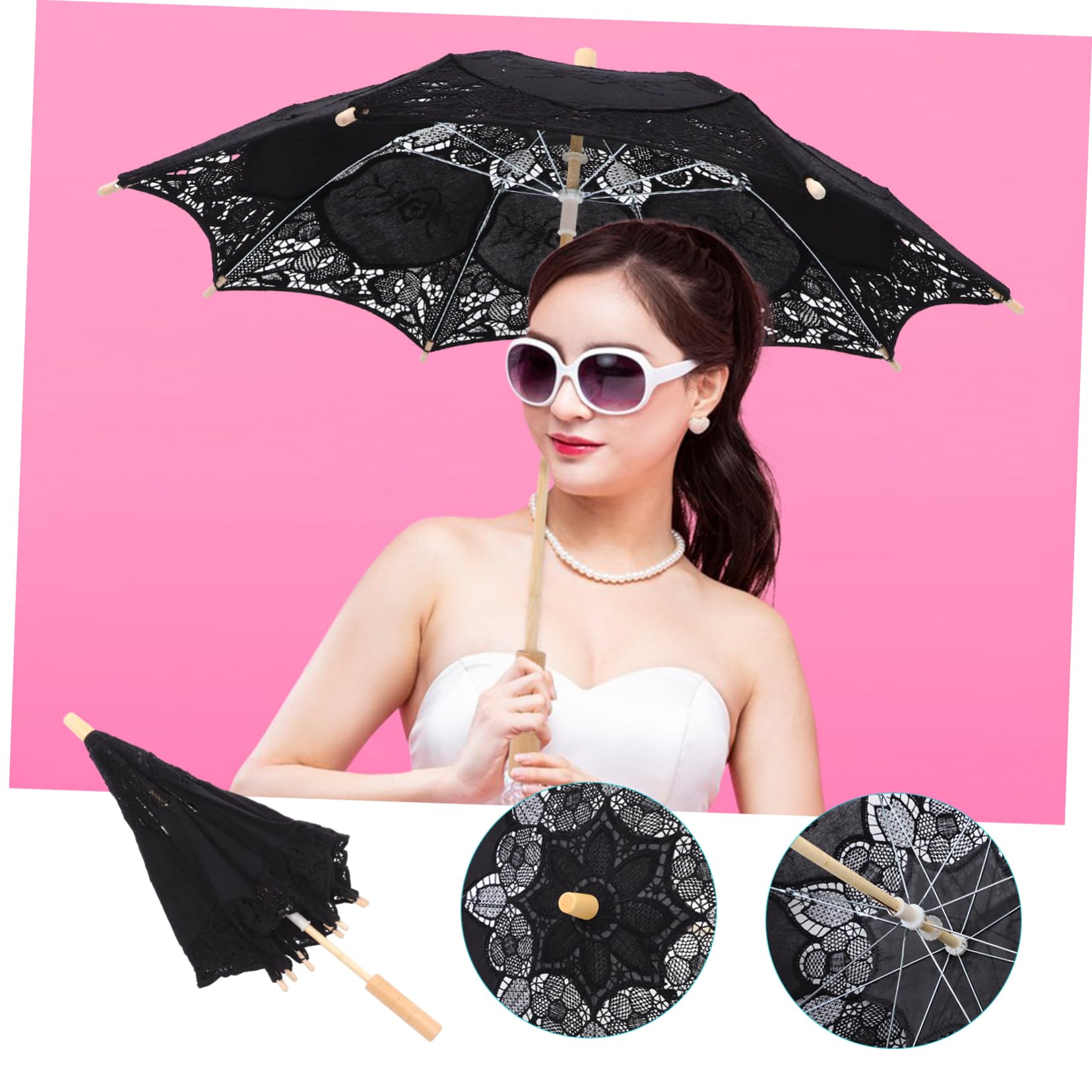 Yardwe Hochzeitsschirm Brautschirm mit Spitze und Lace für Fotografie | Schwarz, Zarte Elegante Optik, für Kinder Tanz und Teeparty, Dekorative Requisite