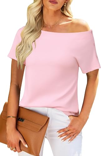 Newshows Off the Shoulder Tops for Women Wrinkle-Free Button Short Sleeve Casual