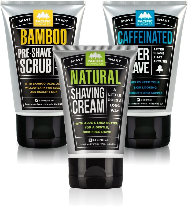 Pacific Shaving Company Daily Shave Regimen Set - Bamboo Pre-Shave Scrub, 3 oz (1 Unit) | Natural Shaving Cream, 3.4 oz (1 Unit) | Caffeinated Aftershave, 3.4 oz (1 Unit)
