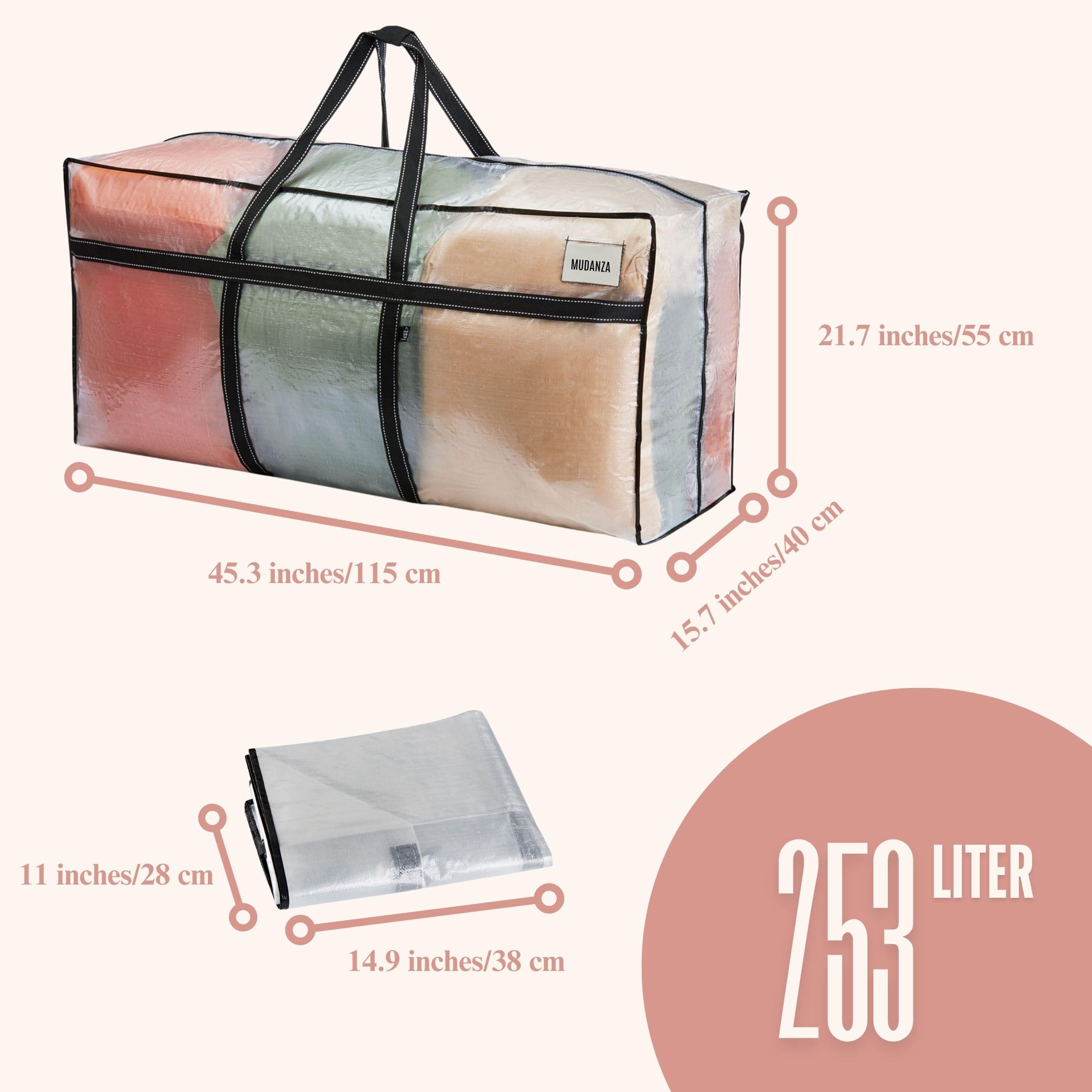 VENO Pack de 2 Bolsas de Mudanza Extra Grandes, Almacenamiento Resistente, Cajas de Mudanza, Contenedores de Almacenamiento Grandes con Tapa, Alternativa para la Nniversidad(Transparente,Pack de 2)