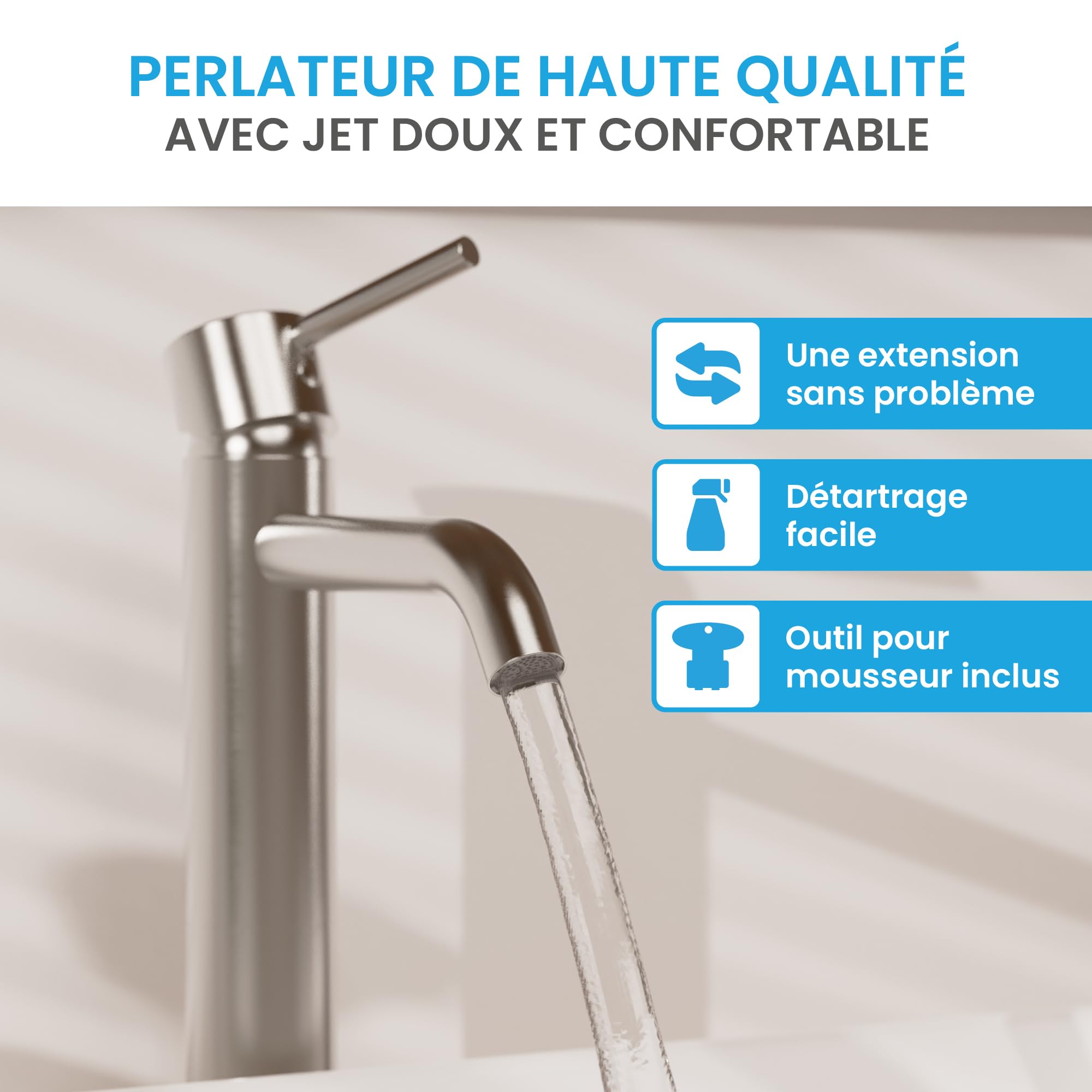 Bächlein Susara Grifo alto de baño con caño curvo de diseño extra alto, grifo monomando para lavabos de encimera con cartucho de cerámica resistente y juego de montaje, grifo de