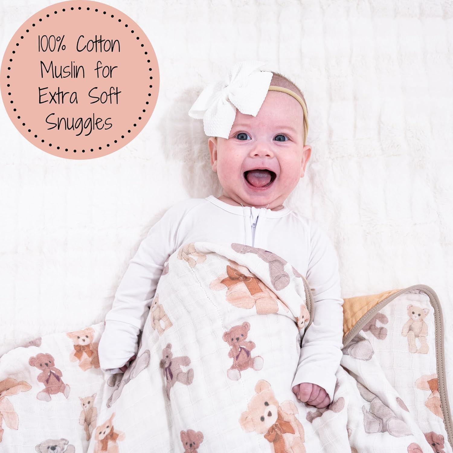 LollyBanks Muslin Baby Quilt, 100% Cotton Baby Blanket for Boys and Girls, Large 47 x 47 Inches, 6-Layer Soft and Breathable Infant Blanket, Cozy Nursery Blankets, Registry (Teddy Bear Print)