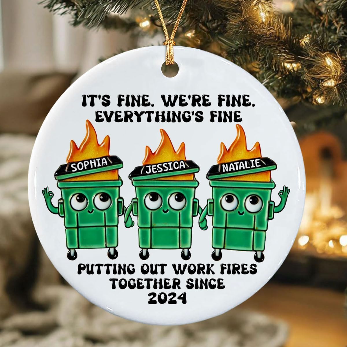 Putting Out Work Fires Together Work Bestie Dumpster Fire Funny Gift for Colleagues, Co Worker Gifts Christmas, Funny Coworker Gifts, Personalized Ceramic Ornament - Image 6