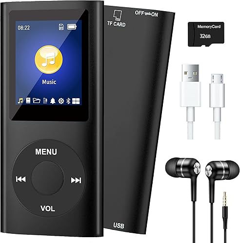 Reproductor MP3 portátil con Bluetooth 5.0, reproductor de música con tarjeta TF de 32 GB, altavoz de alta fidelidad, FM, auriculares, reproductor