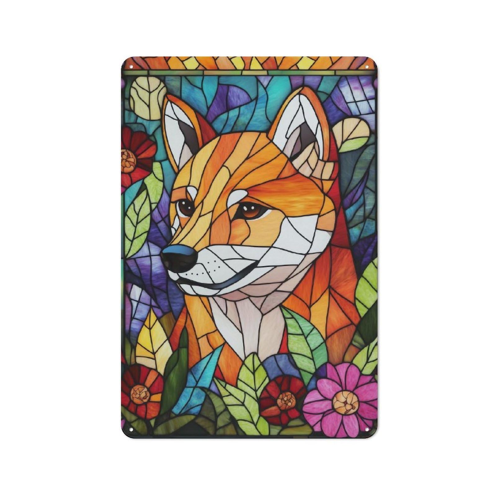 Junmoney Stained Glass Shiba Inu Retro Metal Plaque 30X20cm For Dining Room Or Kitchen, For Kitchen, Dining Room And Home Bar Wall Decor