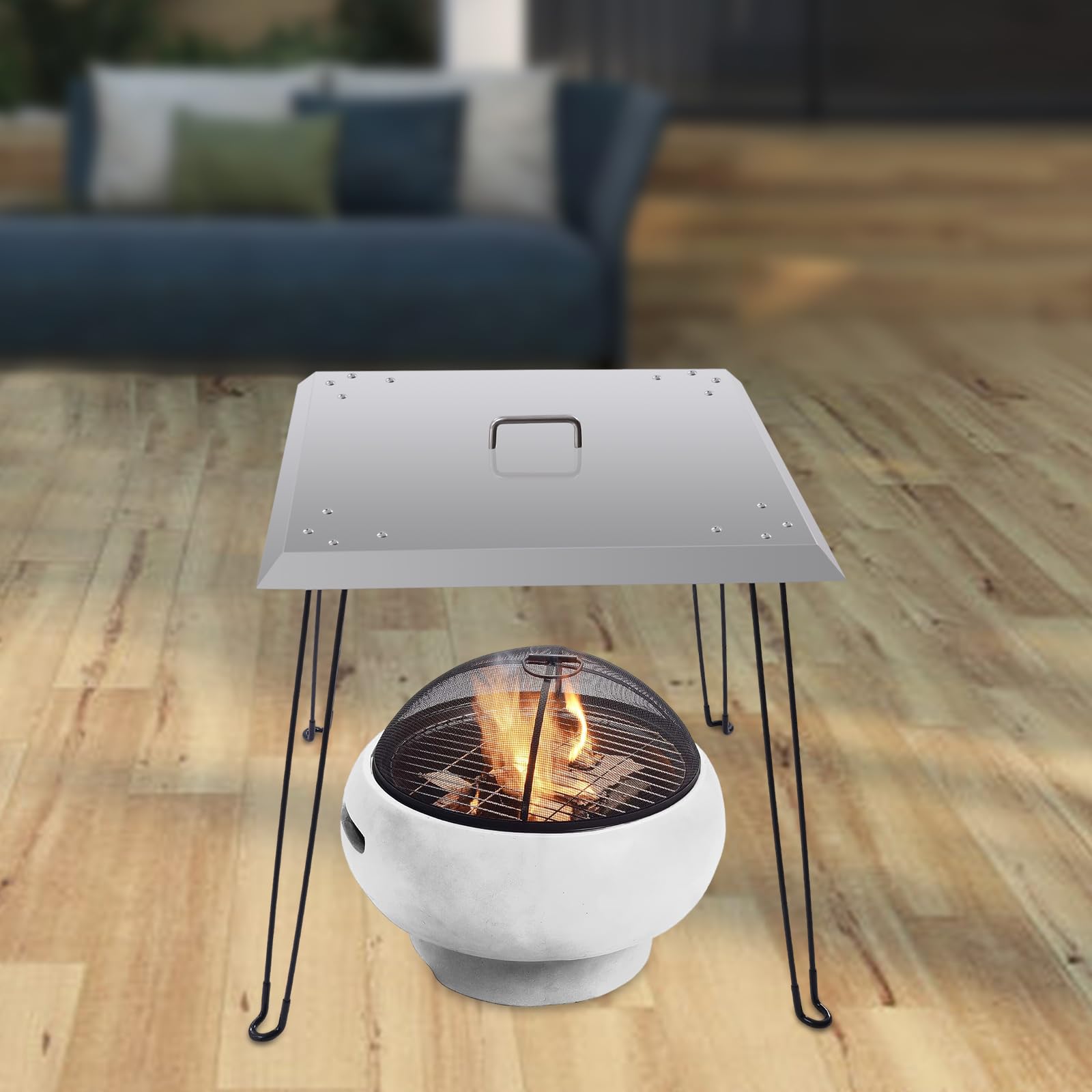 Fire Pit Heat Deflector, 24''x24''x24'' Stainless Steel Fire Pit Cover with Carrying Handle Fire Pit Burner Cover Square, Pushes Heat Down and Out for Linear Drop-in Burner Pan, Fire Pit Lid