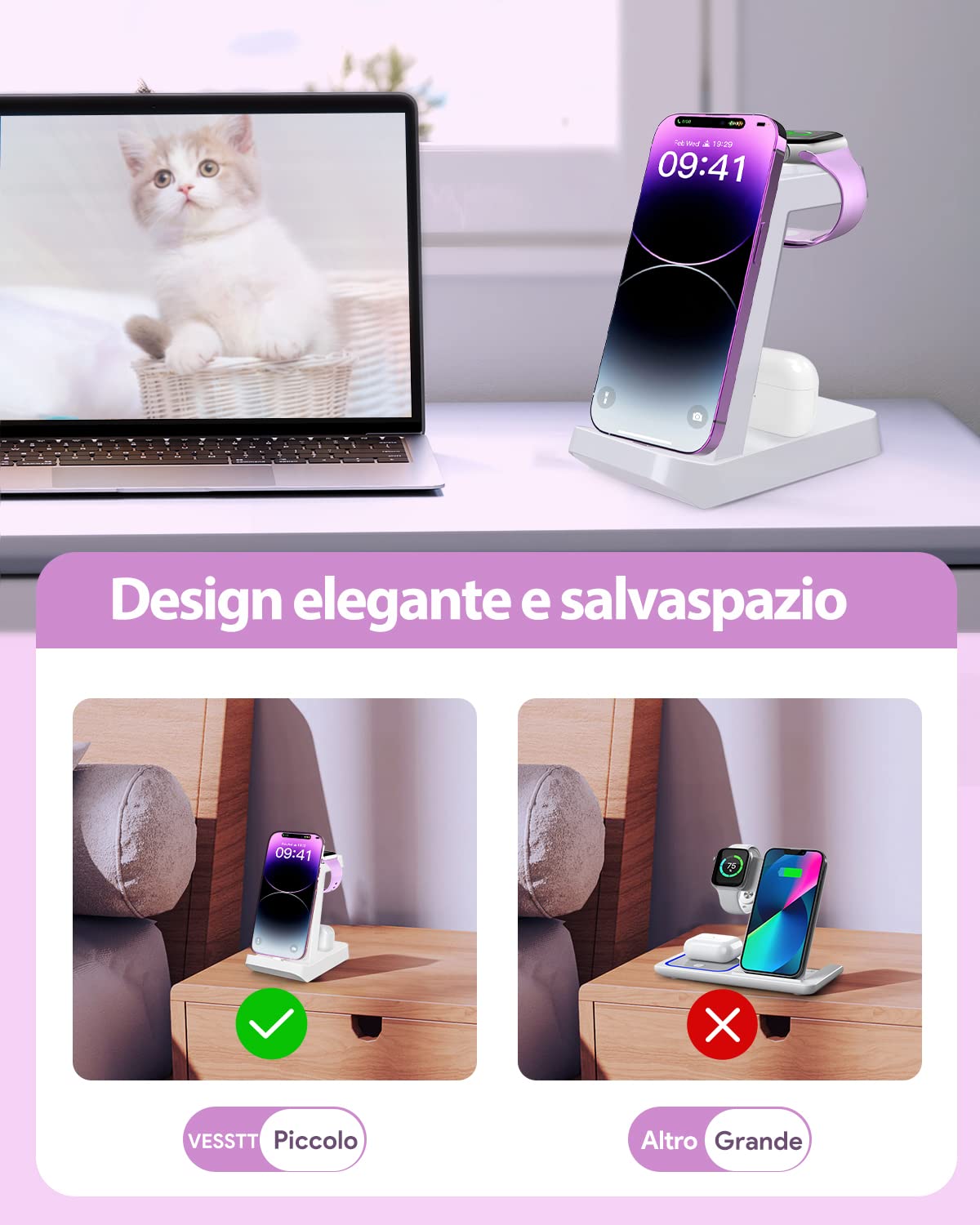 Caricatore iphone 3 in 1 per Apple: Stazione Ricarica per iPhone 14/12/13/11/Pro/Max/XS/XR/X/Mini, Earphones 3/2/1/Pro, Ricarica Wireless per Watch 8/7/6/5/4/3/2/SE (White)