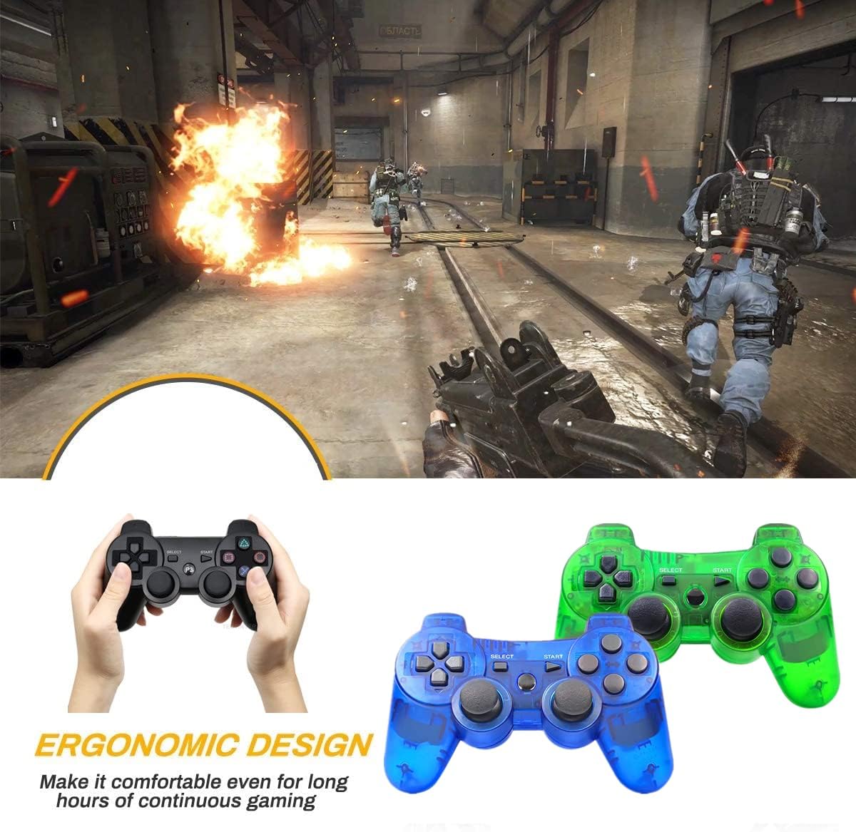 PS-3 Controller 2 Pack, Dual Shock 3 Wireless Gamepad Joystick for PlayStation 3, Compatible with PS-3 Console, Ergonomic Design, Rechargeable Battery, Vibration Feedback - 2 Controllers in Set